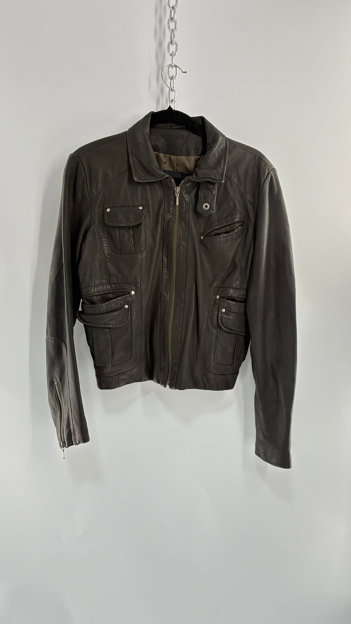 Vintage IDENTIFY Soft Genuine Leather Jacket with High Neck and Multi Pocket Details (Medium)