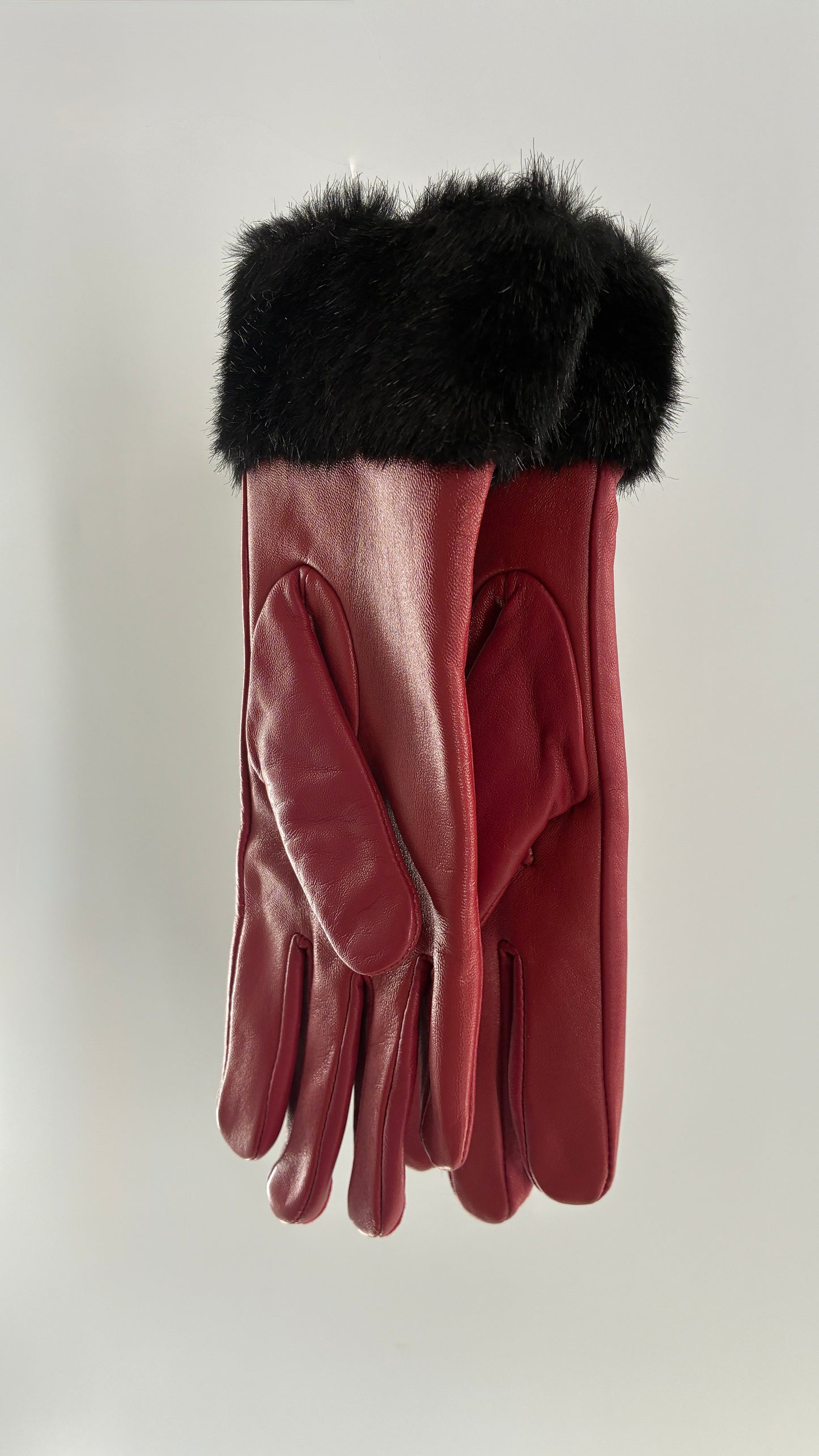 Vintage Red Leather Gloves with Faux Fur Trim