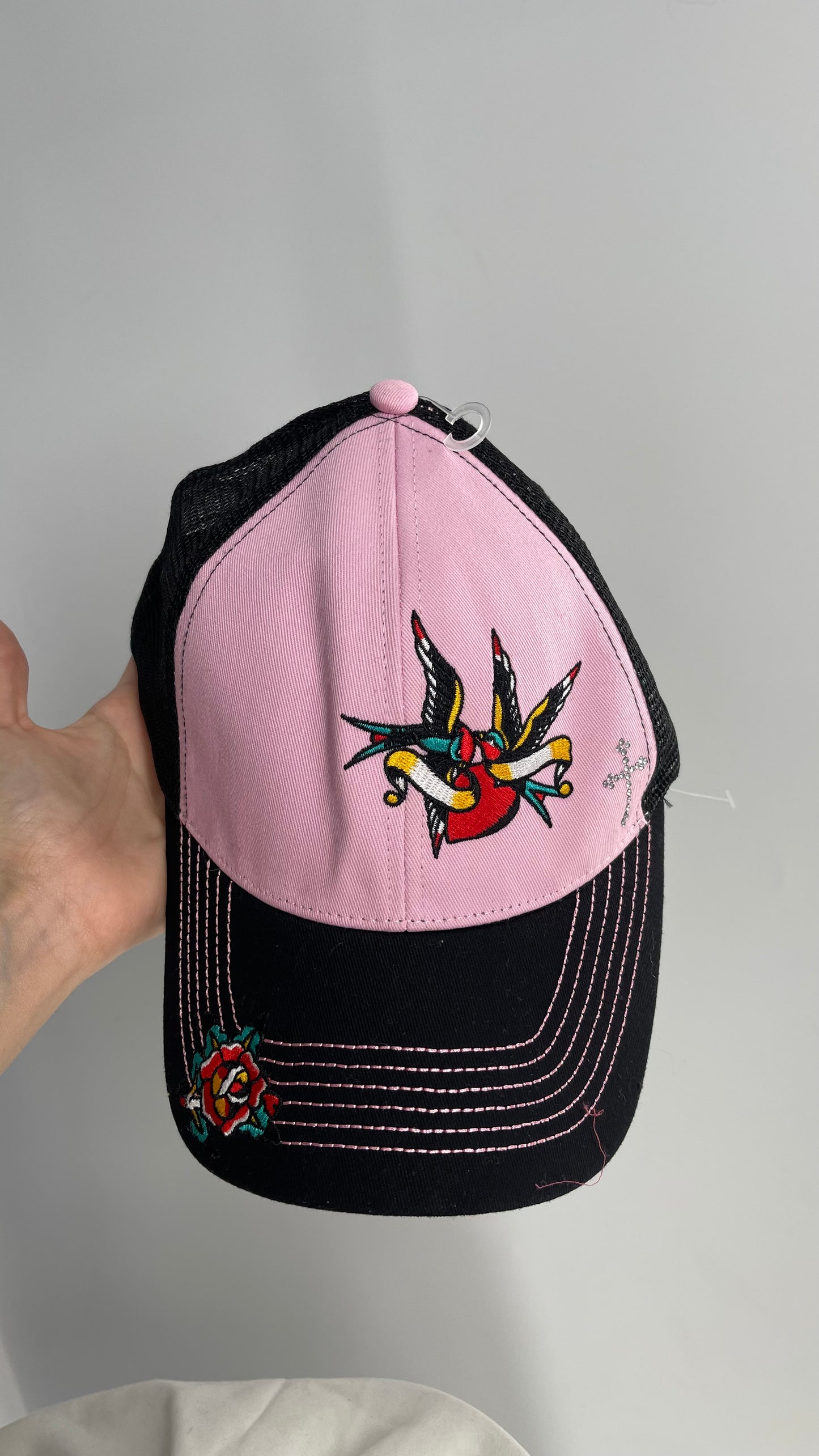 Black Pink Heart Embroidered Trucker Hat