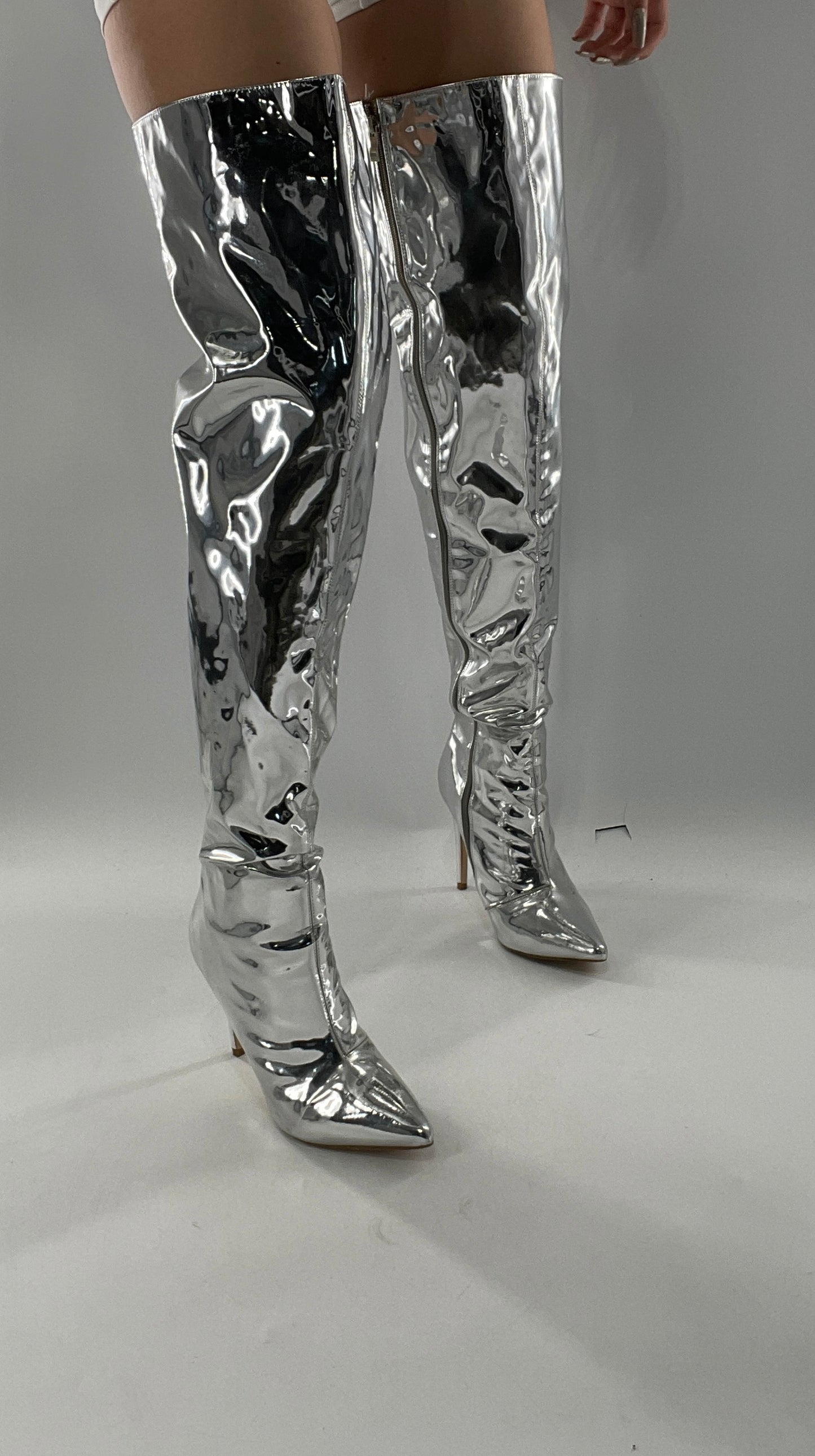 Vintage Chrome Platinum Mirrored Thigh High Molten Metal Sky High Boots Space Cadet/Concert (7)