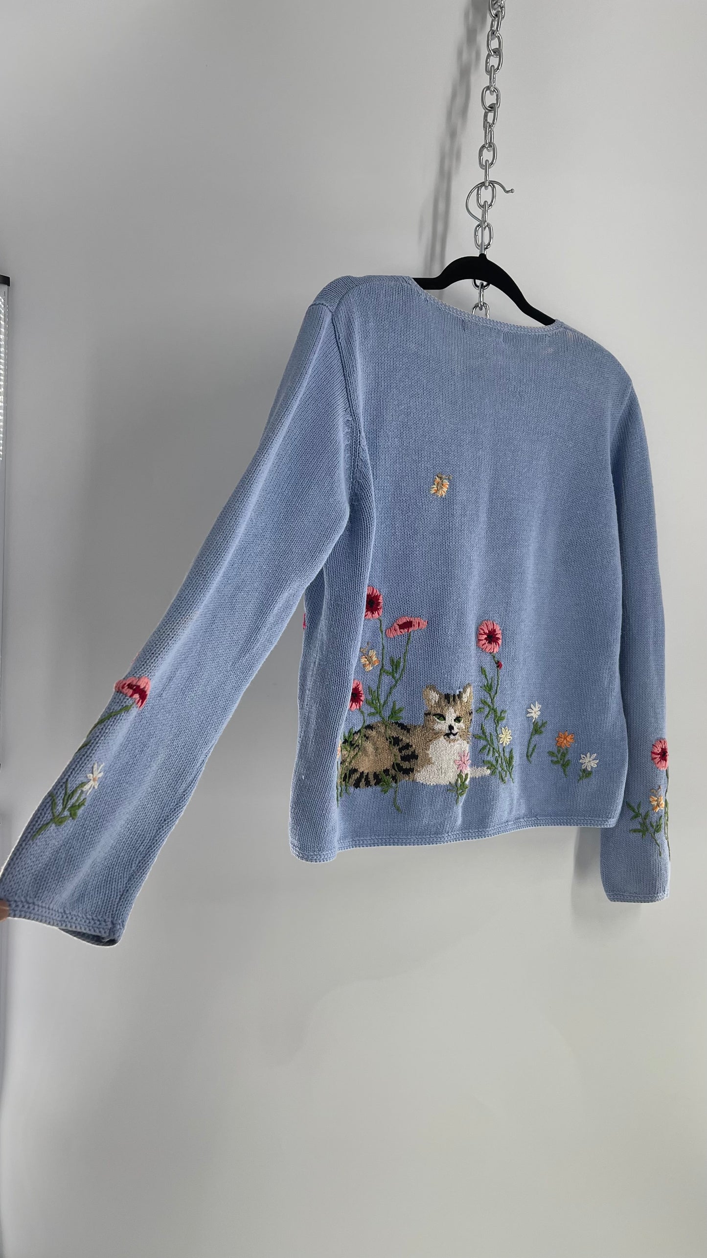 Vintage Northern Isles Powder Blue Kitten in Flower Field Cardigan (Large)