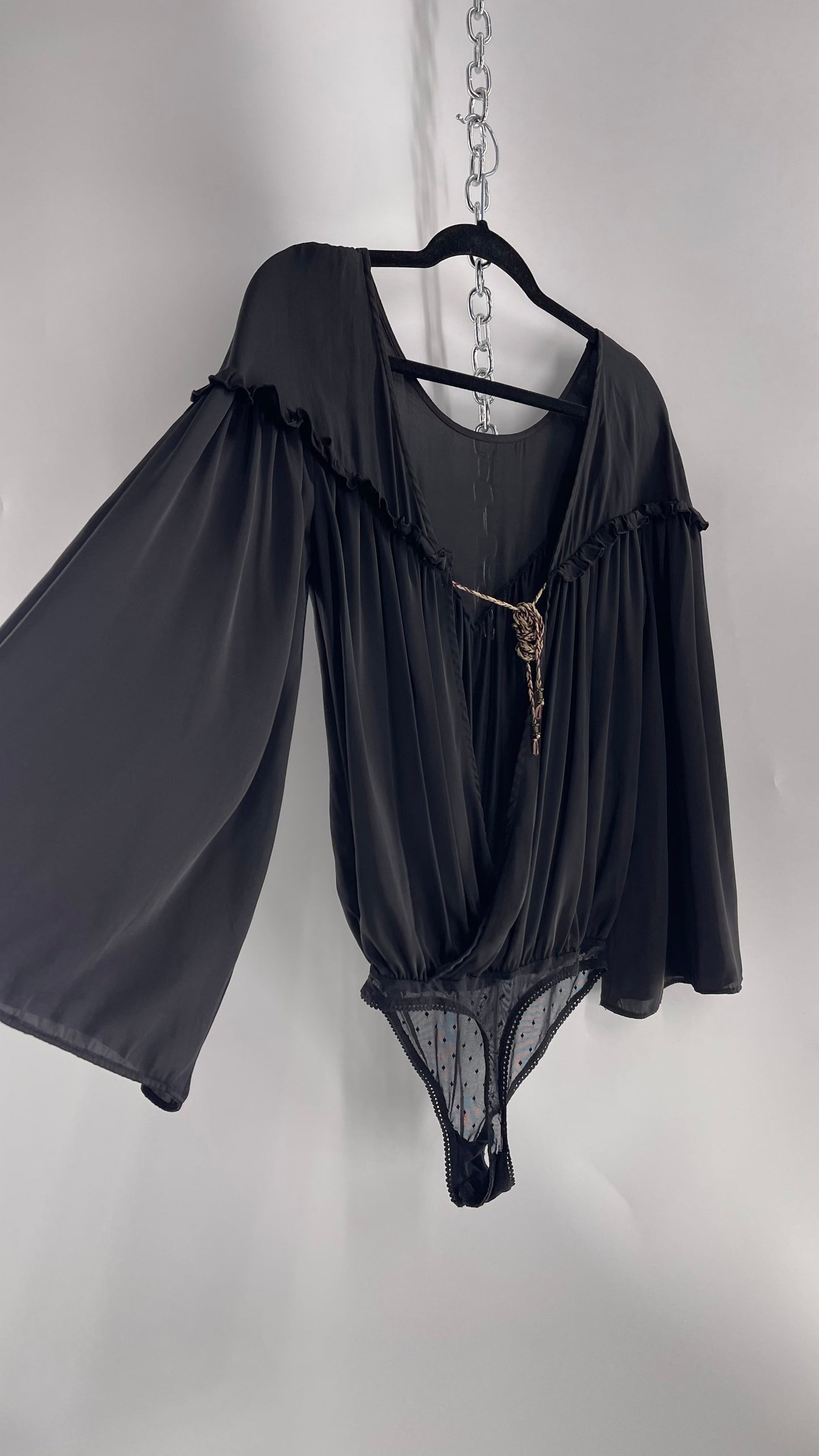 Free People Black Silky Ruffled Sweetheart Neckline Detail with Pleated Bodice and Open Back (XS)