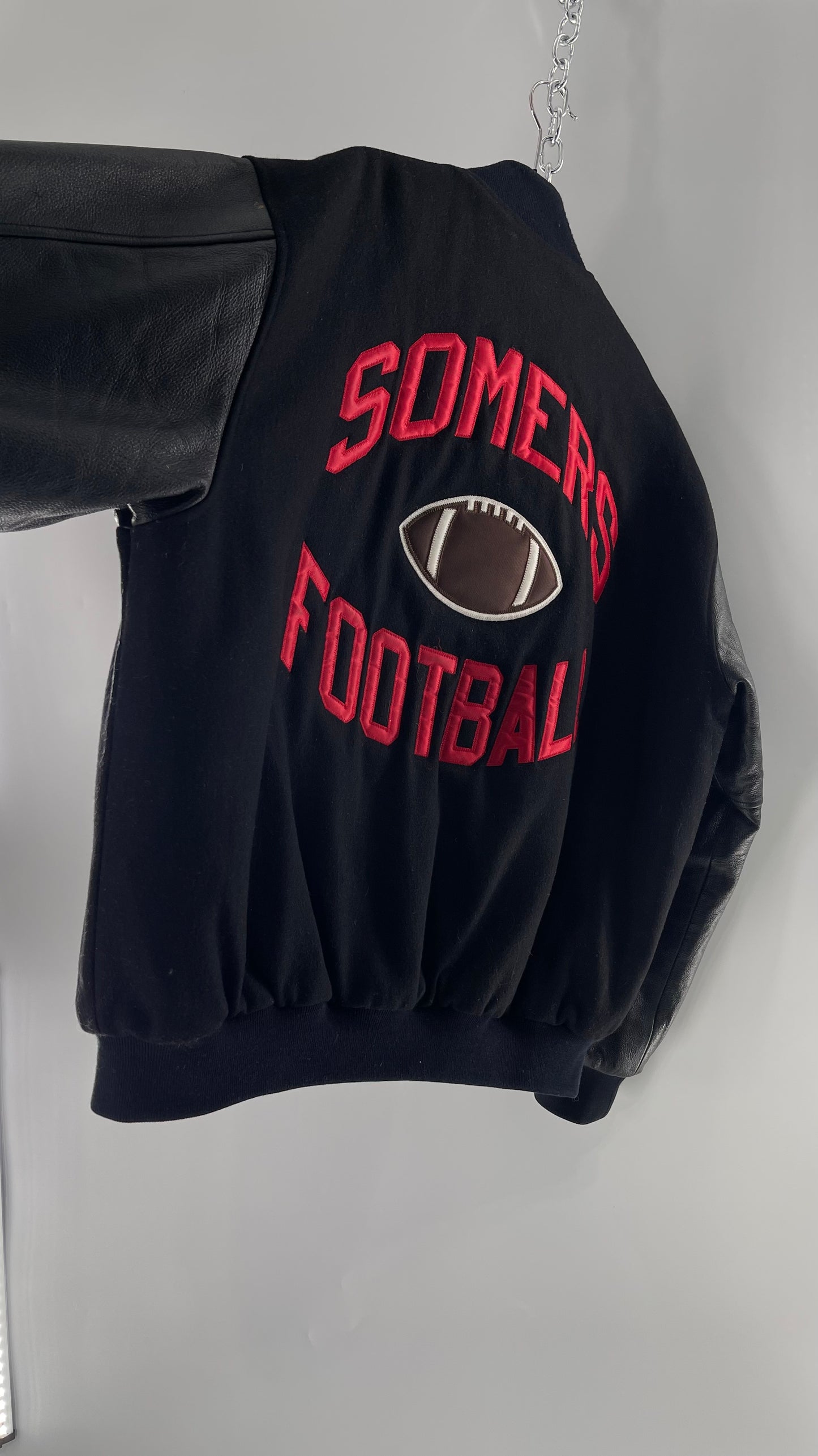 Vintage Somers Football Varsity Jacket with Leather Sleeves “Matt” Embroidery and Red Lettering (XL)
