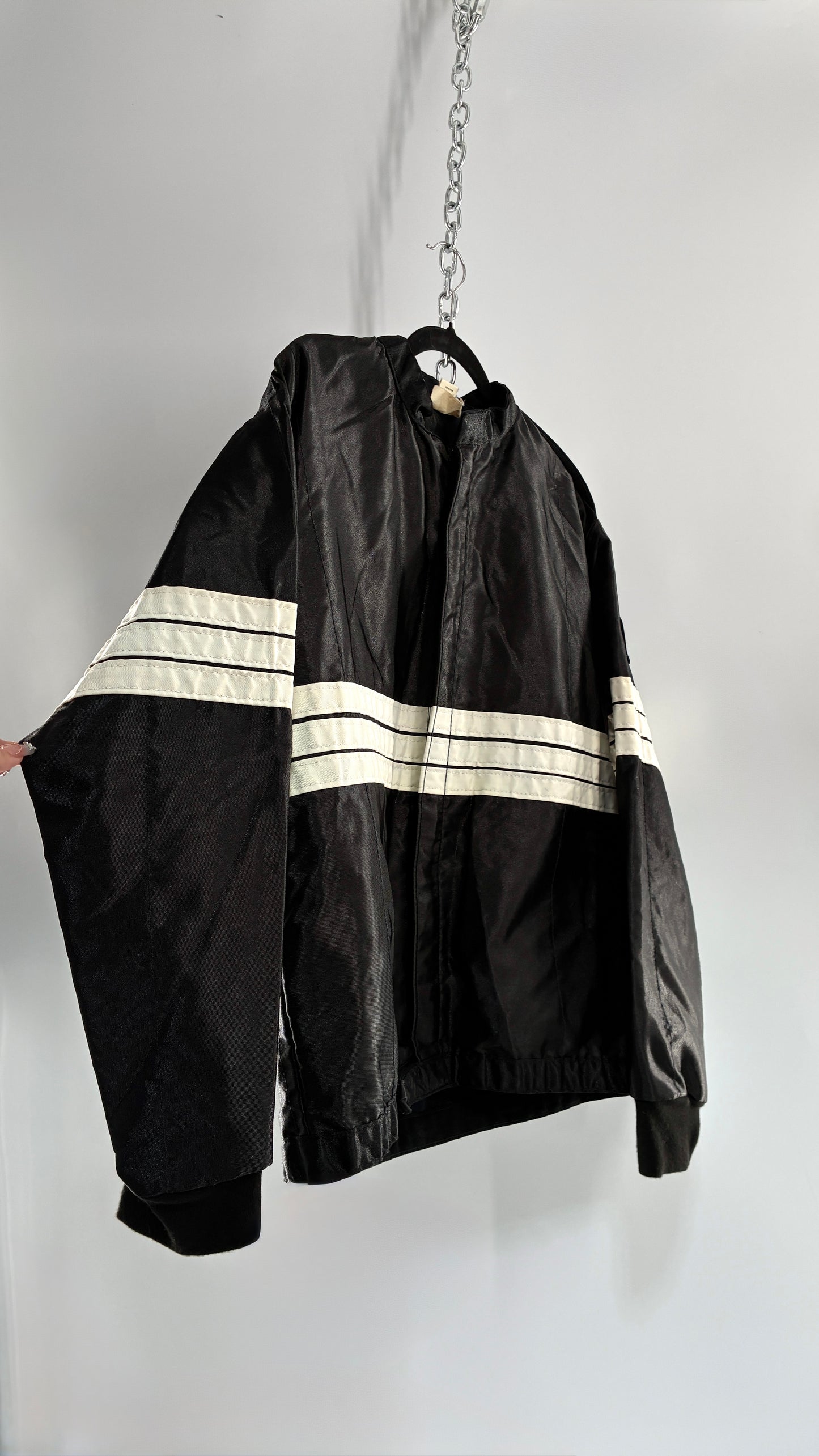 Vintage TMC RACING Black Jacket with White Striped Detailing (Large)