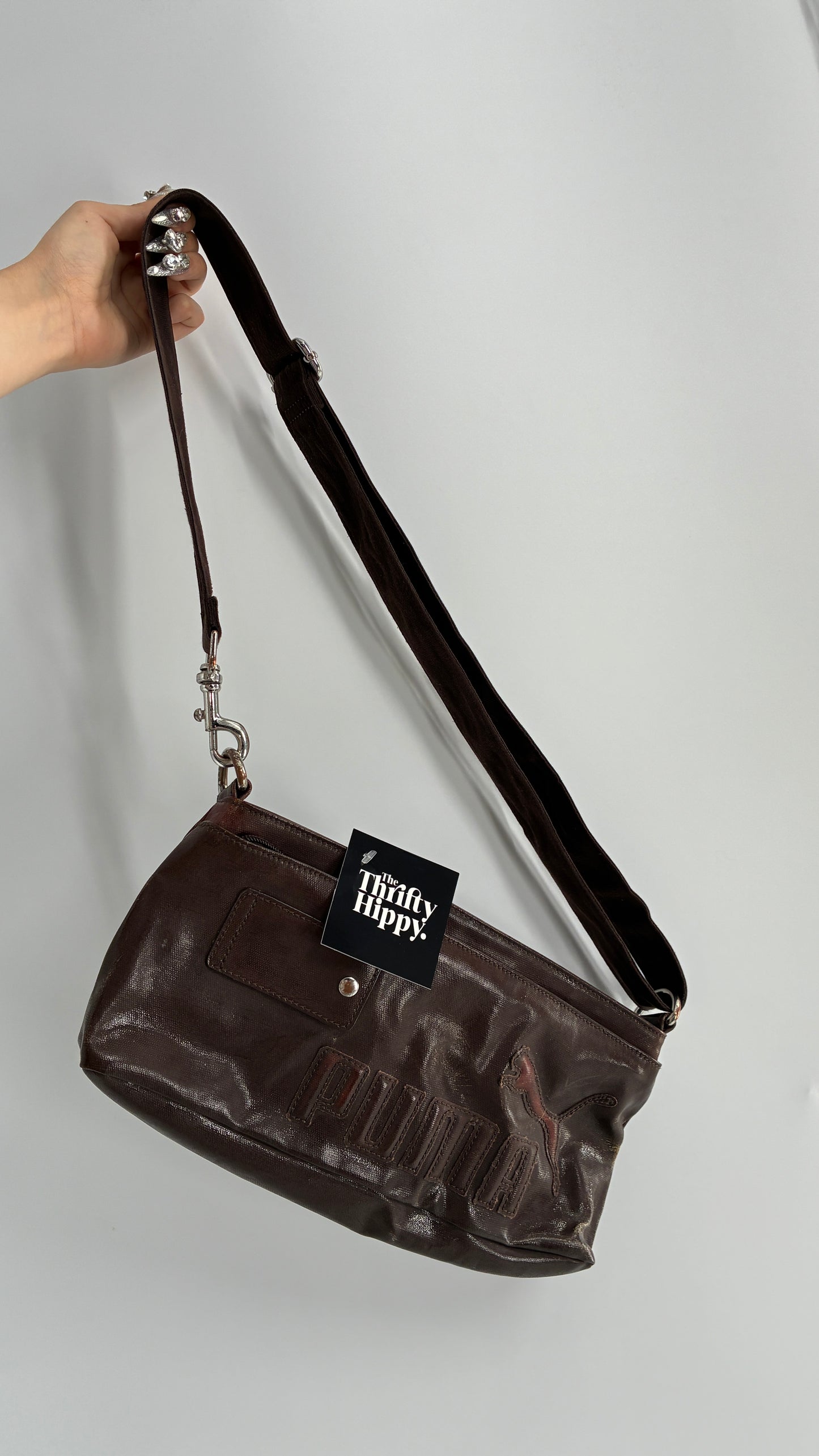 RARE Distressed Vintage PUMA Shoulder Purse, Brown W/ Iconic Logo