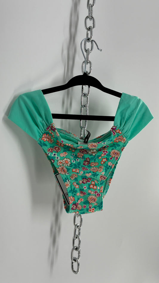 ONEILL Teal Ruched Drape Strap Swim Bottoms with Floral Designs (S)