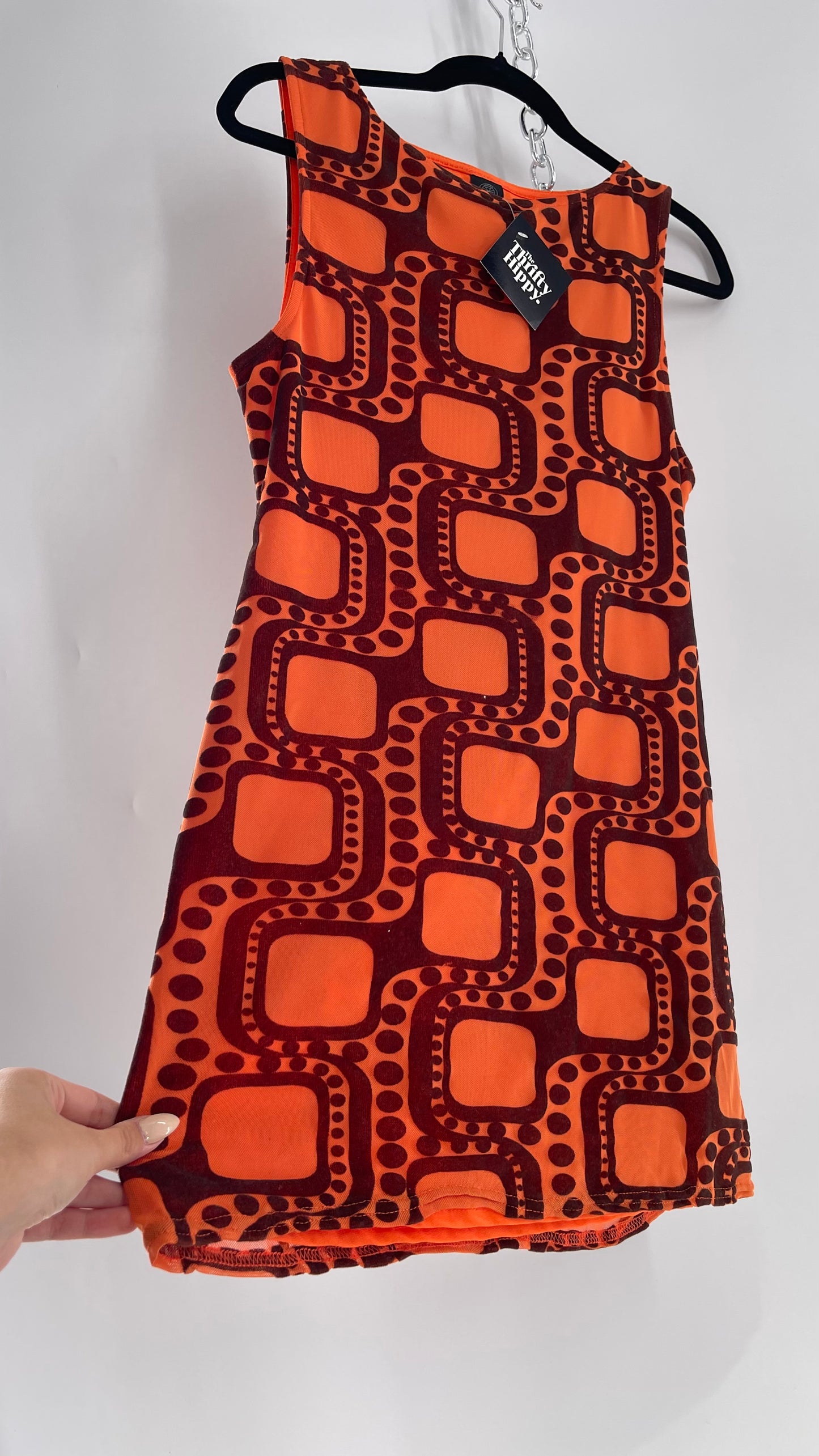 Urban Outfitters Orange Retro Patterned Tunic Dress with Brown Velvet 1970s Print  (Large)