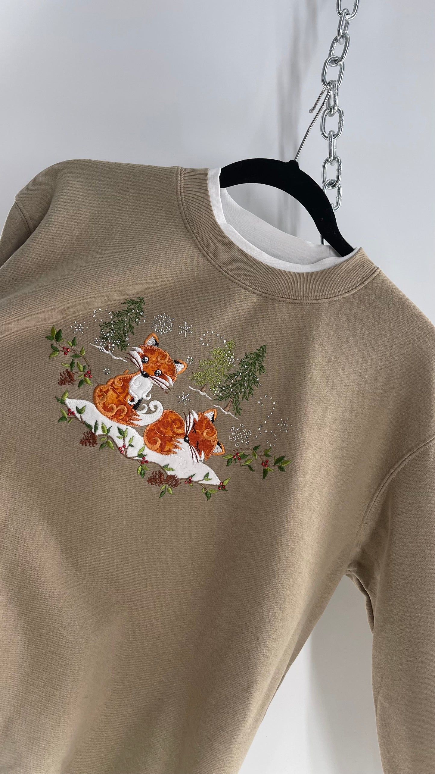 Vintage Fox Embroidered Boxy Sweater with Built In Turtle Neck (Medium)