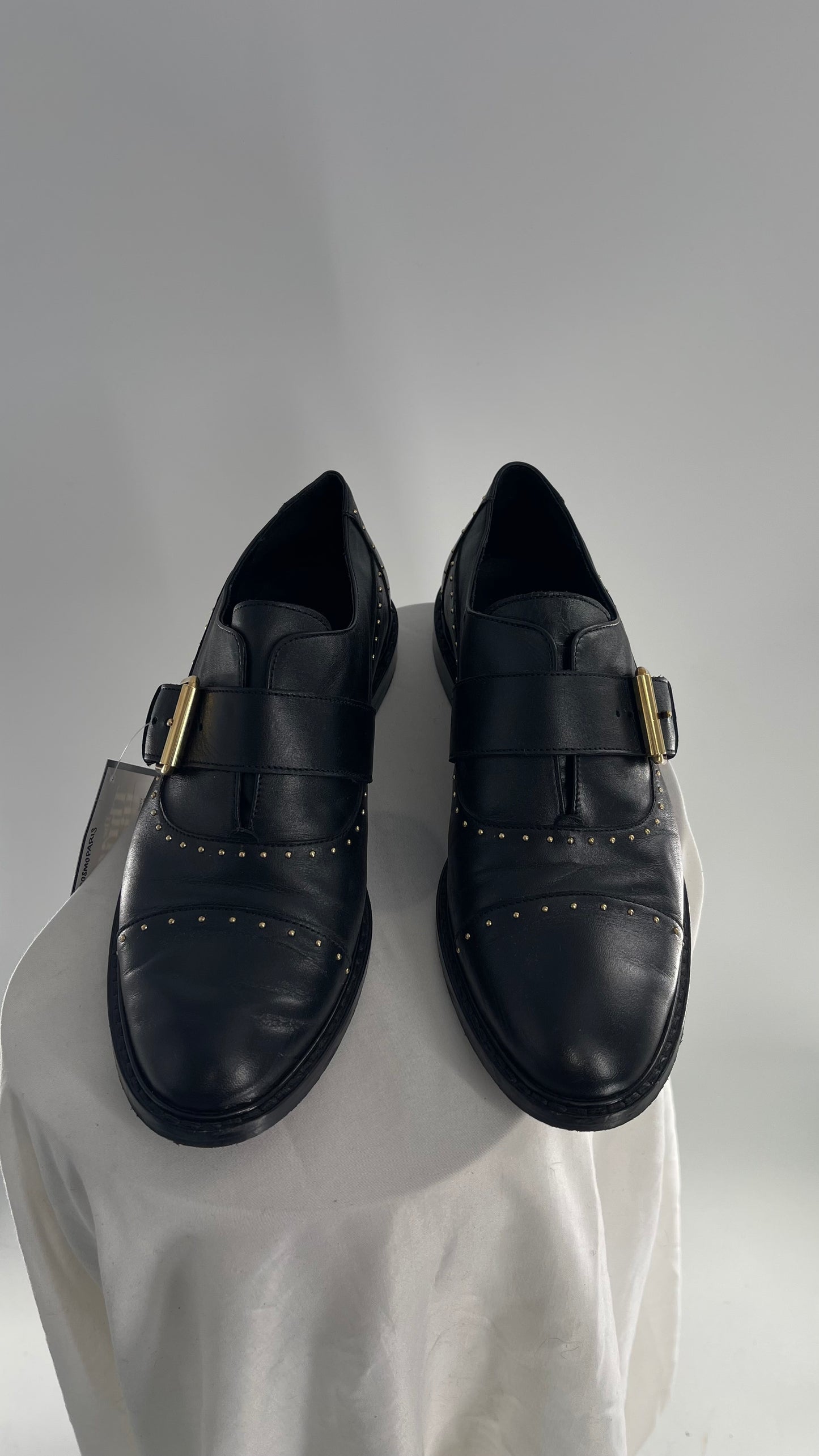 Vintage COSMOPARIS Black Leather Side Buckle Oxford with Gold Stud Details (39)