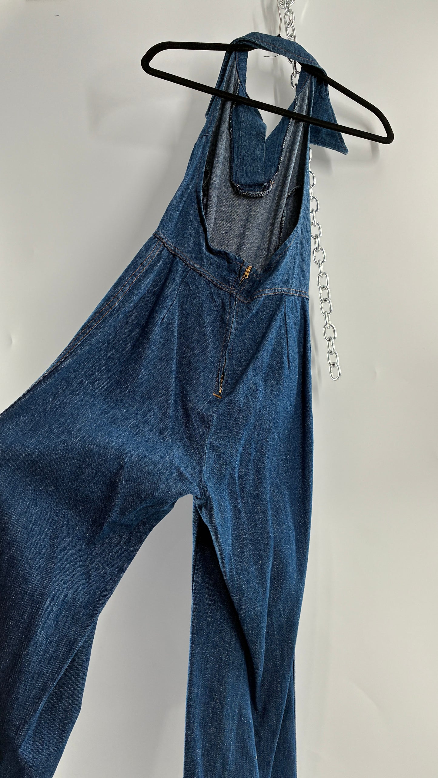 RARE Vintage 1970s Landlubber Medium Wash Denim, Sleeveless Halter, Wide Leg Bell Bottom, Jumpsuit (No Size on Tag, XS)