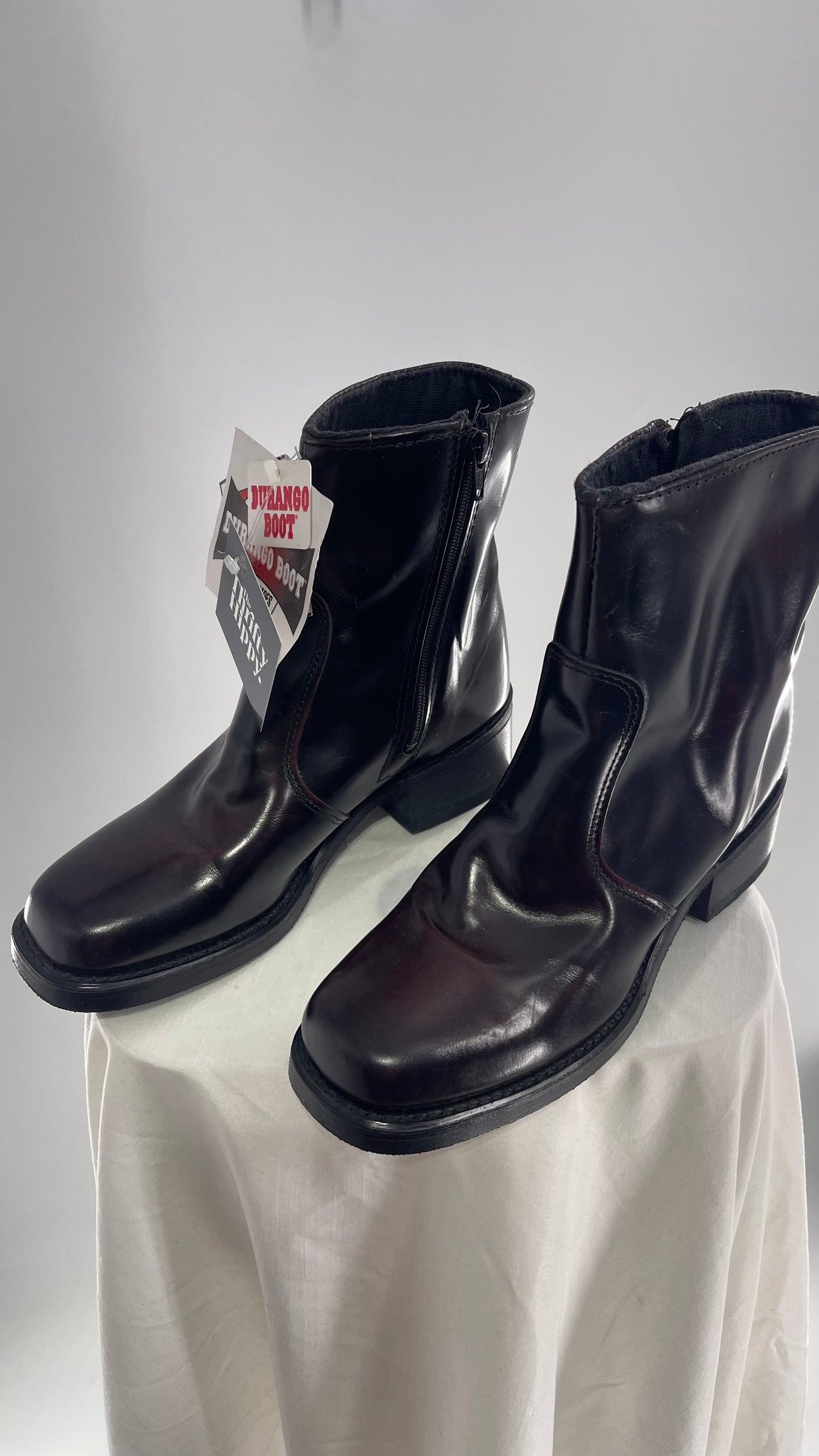 Vintage 1970s DURANGO Cherry/Deep Brown Patent Square Toe Men’s Boots Neoprene Oil Resistant (9)