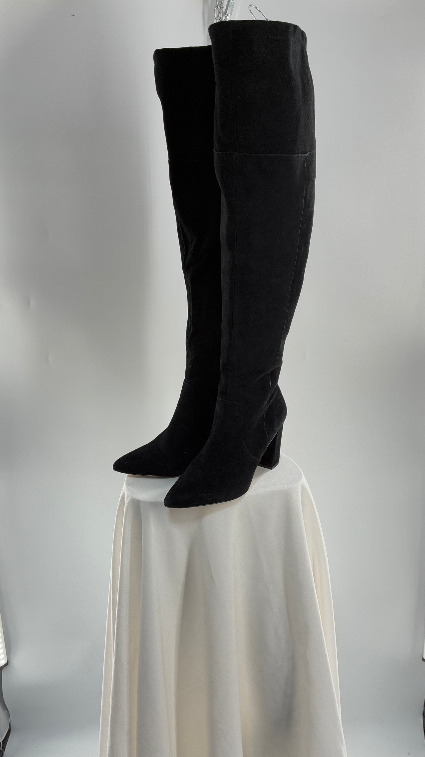 Vintage Black Genuine Suede ADRIENNE VITADINI Thigh High Pointed Toe Boots with Stud Detailing (10)