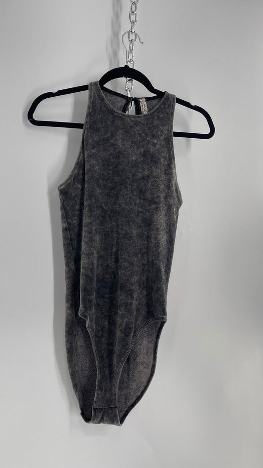 Free People Charcoal Acid Wash Velour Terry Cloth Bodysuit (Small)