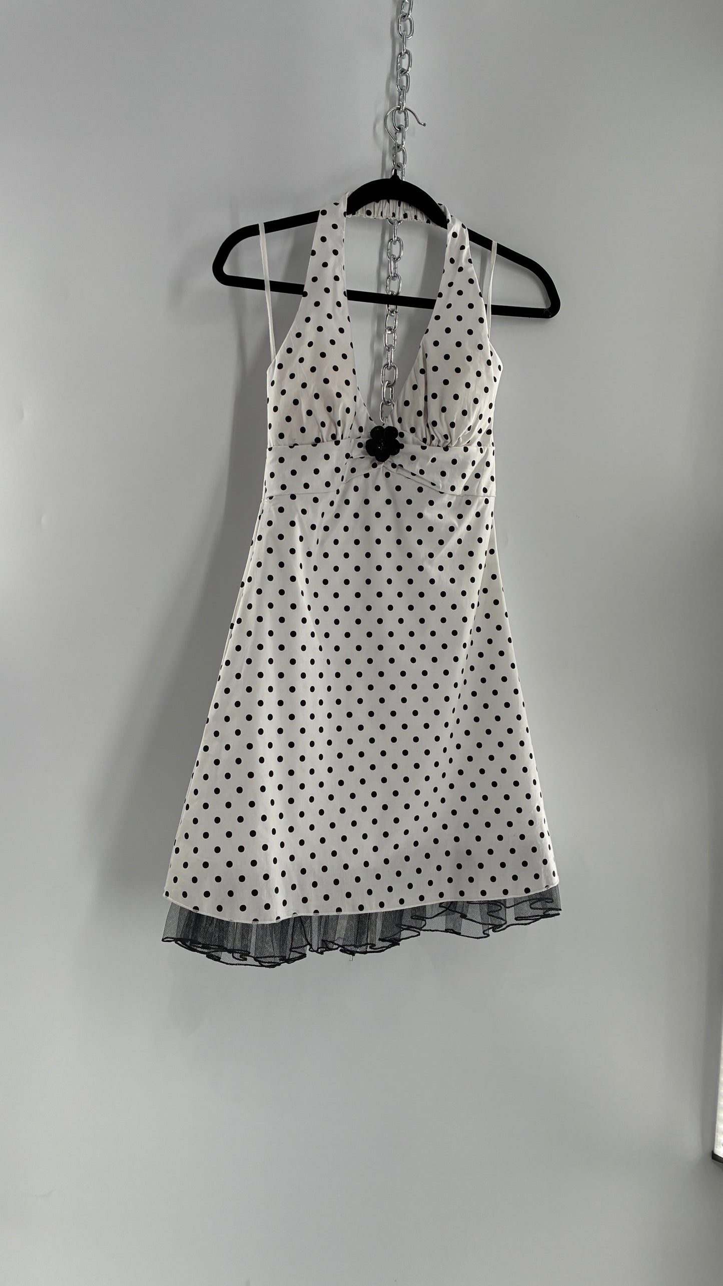 Deadstock Vintage Ruby Rox Retro Style White and Black Polka Dotted Mini Dress with Tulle Trim (7)