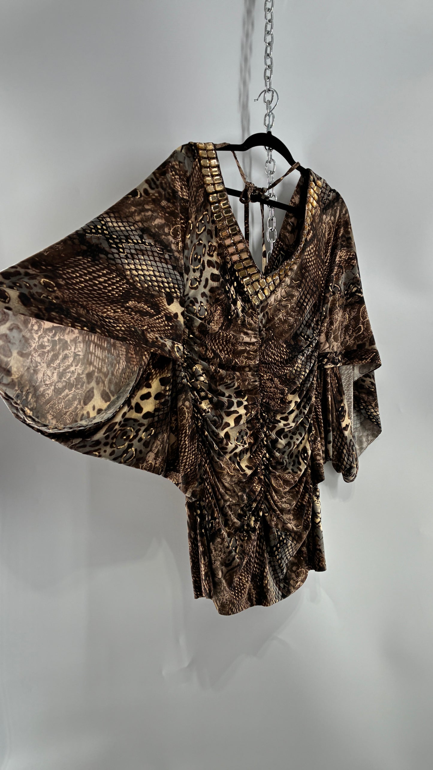 Vintage ZIZZI Metallic Animal Print Mini Dress with Draping Sleeves and Rhinestone Neckline  (Large)