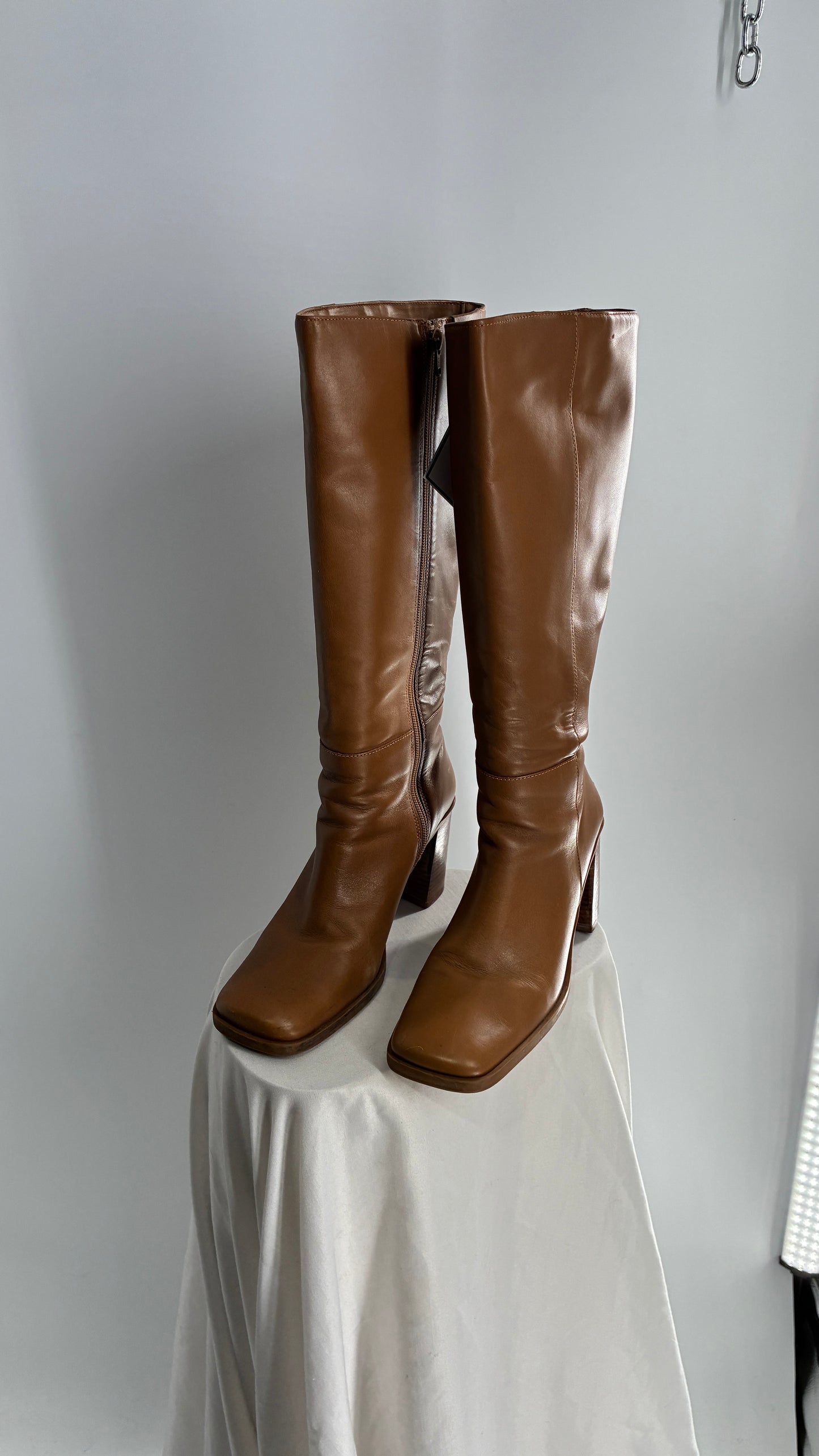 Vintage Strive Genuine Leather Square Toe Knee High Boots with Chunky Block Heel Made in Uruguay (9.5)