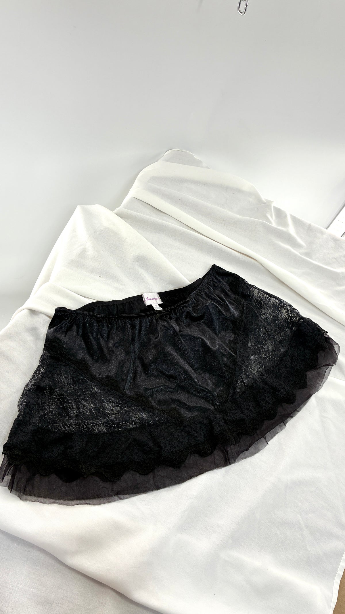 Vintage AMOUREUSE Black Satin Mini Skirt with Lace Hip Panels  (1X)