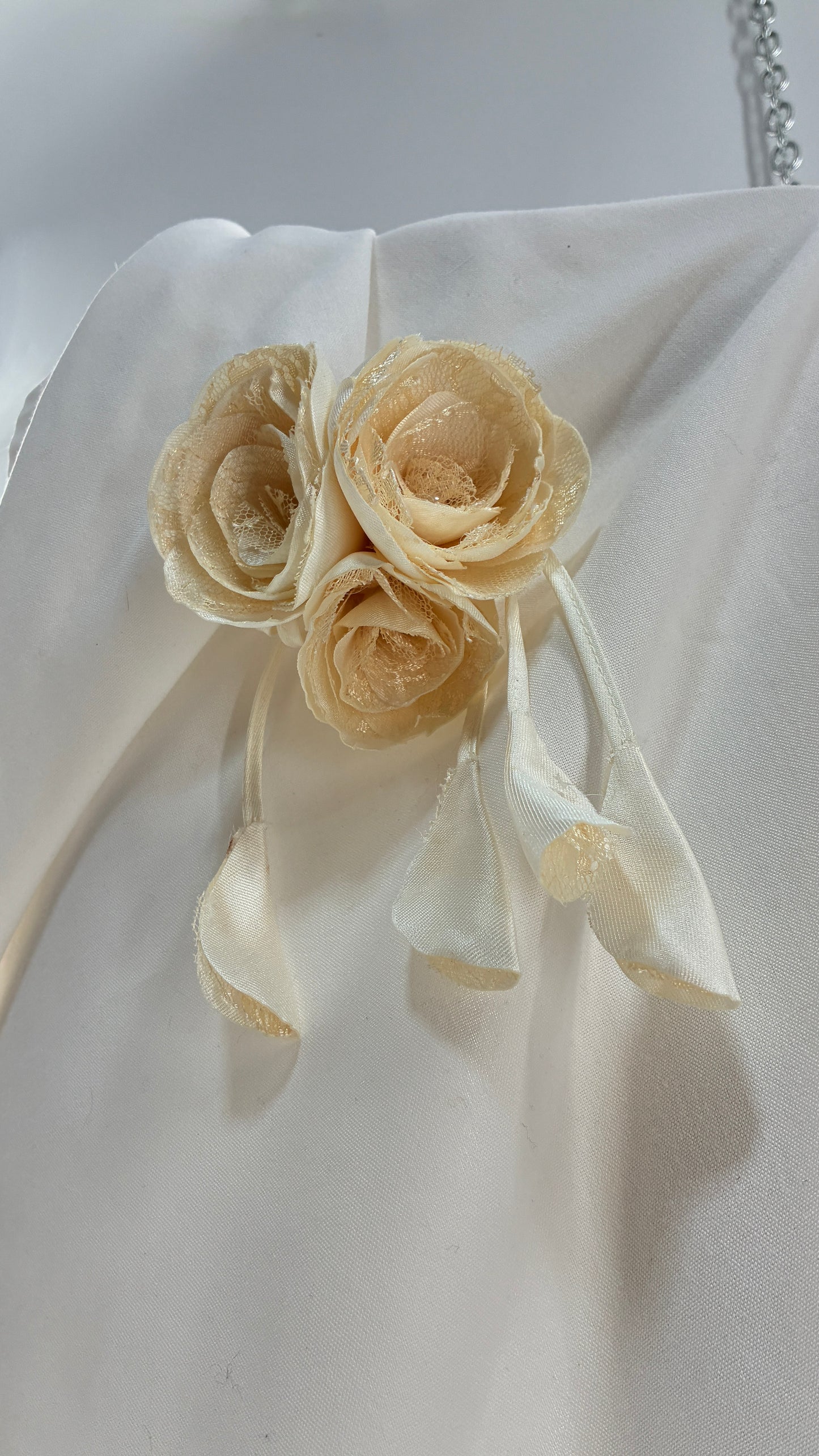 Vintage Brooch Pin: Oversized Rosette Cluster of Handmade Off White Satin and Lace Flowers with Pearl Center