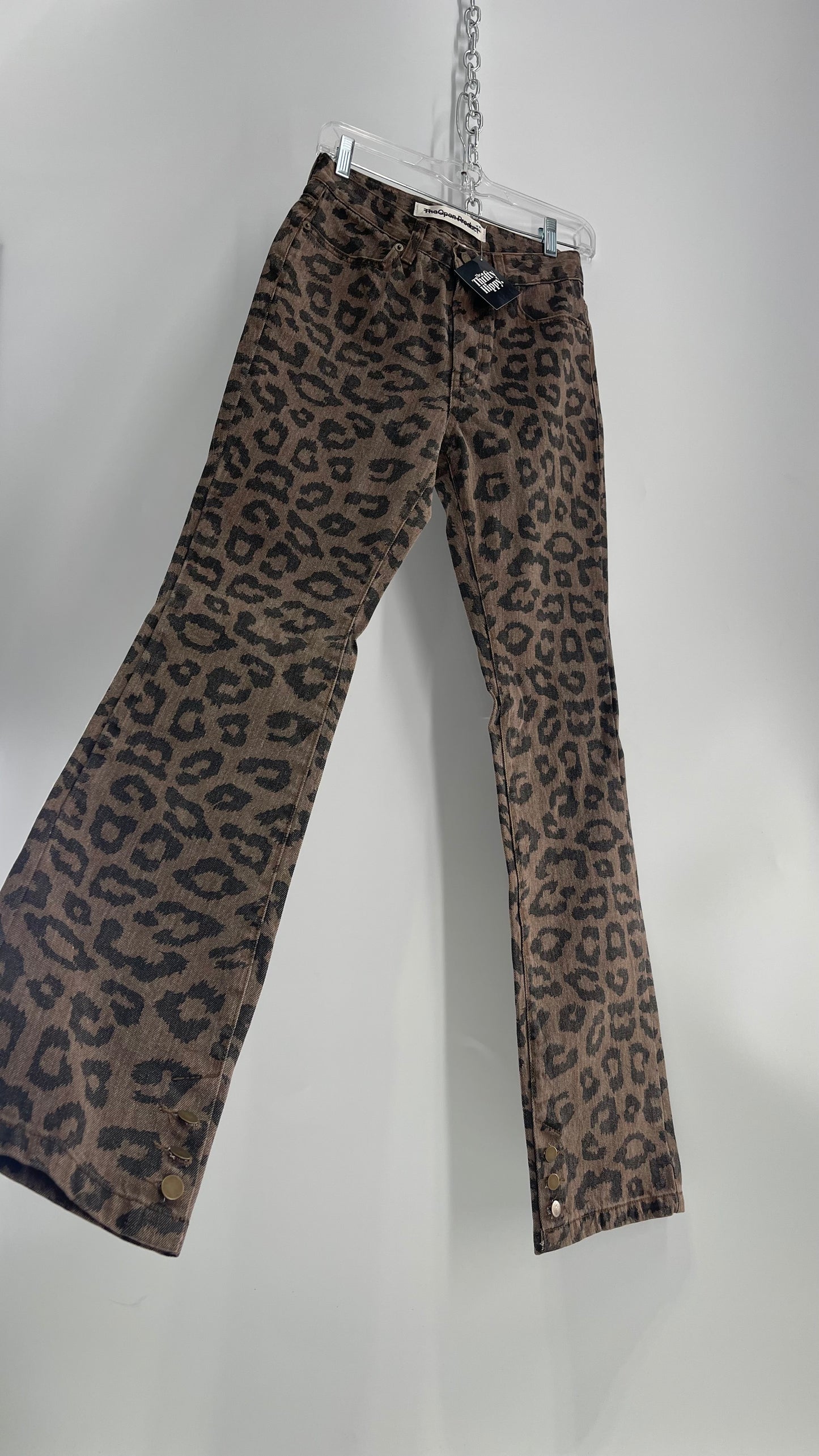 The Open Product Cheetah Print Brown Jeans with Buttons on Hem  (2)