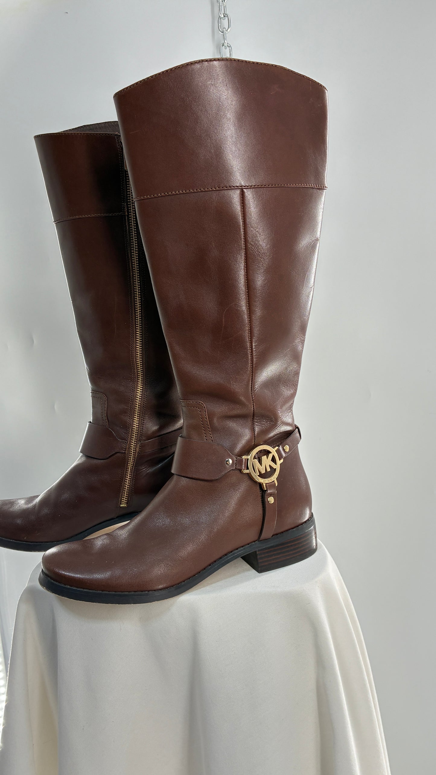 Vintage MICHAEL KORS Knee High Brown Genuine Leather Moto Boot with Gold Detailing (9)