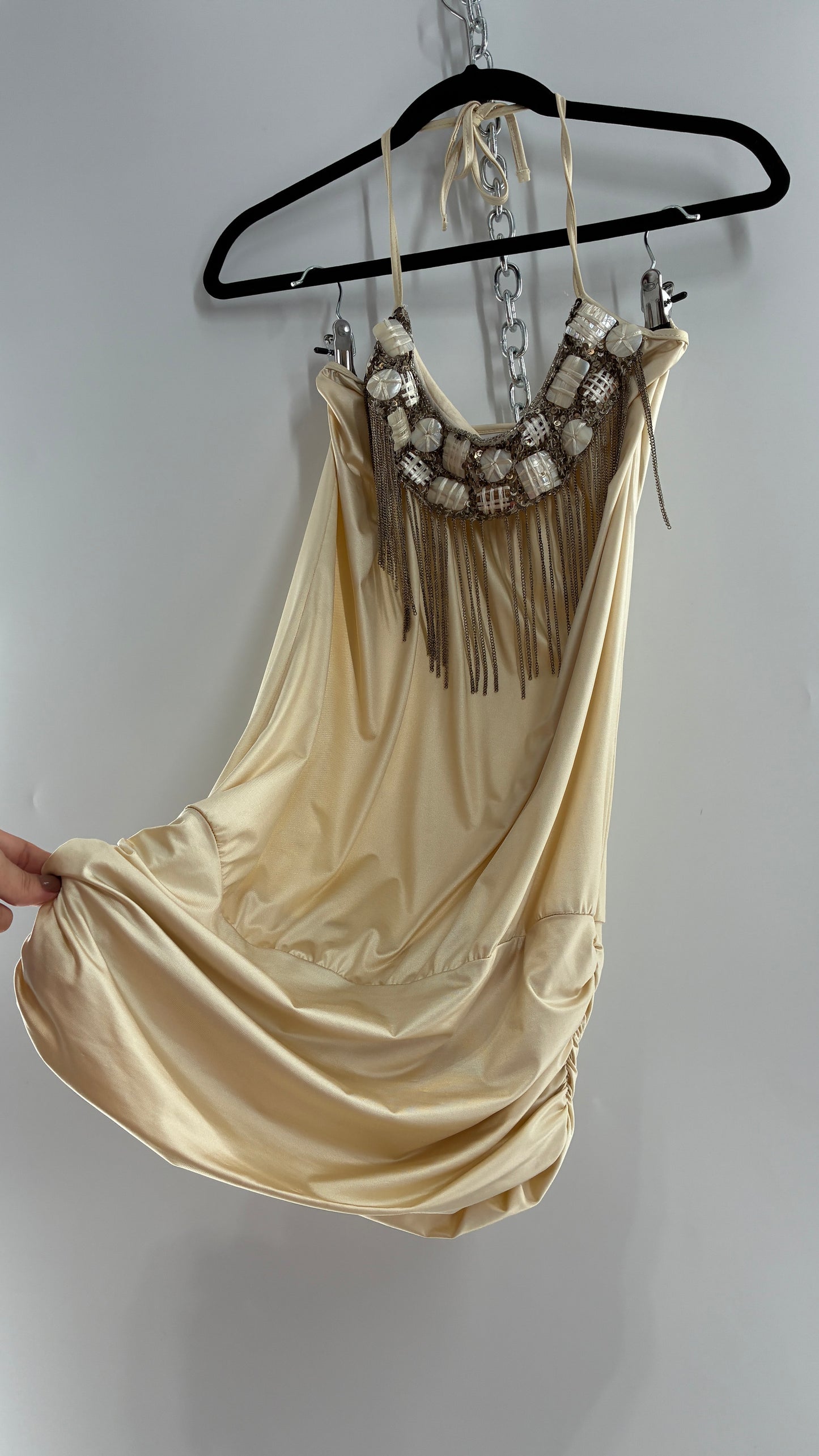 Beach Bunny Ivory Lycra Balloon Hem Mini Dress with Exaggerated, Beaded and Metal Chain Neckline (Small)