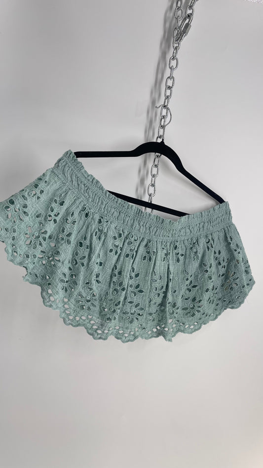 Free People Eyelet Cotton Teal Blue Off the Shoulder Ruffle Bandeau (Medium)