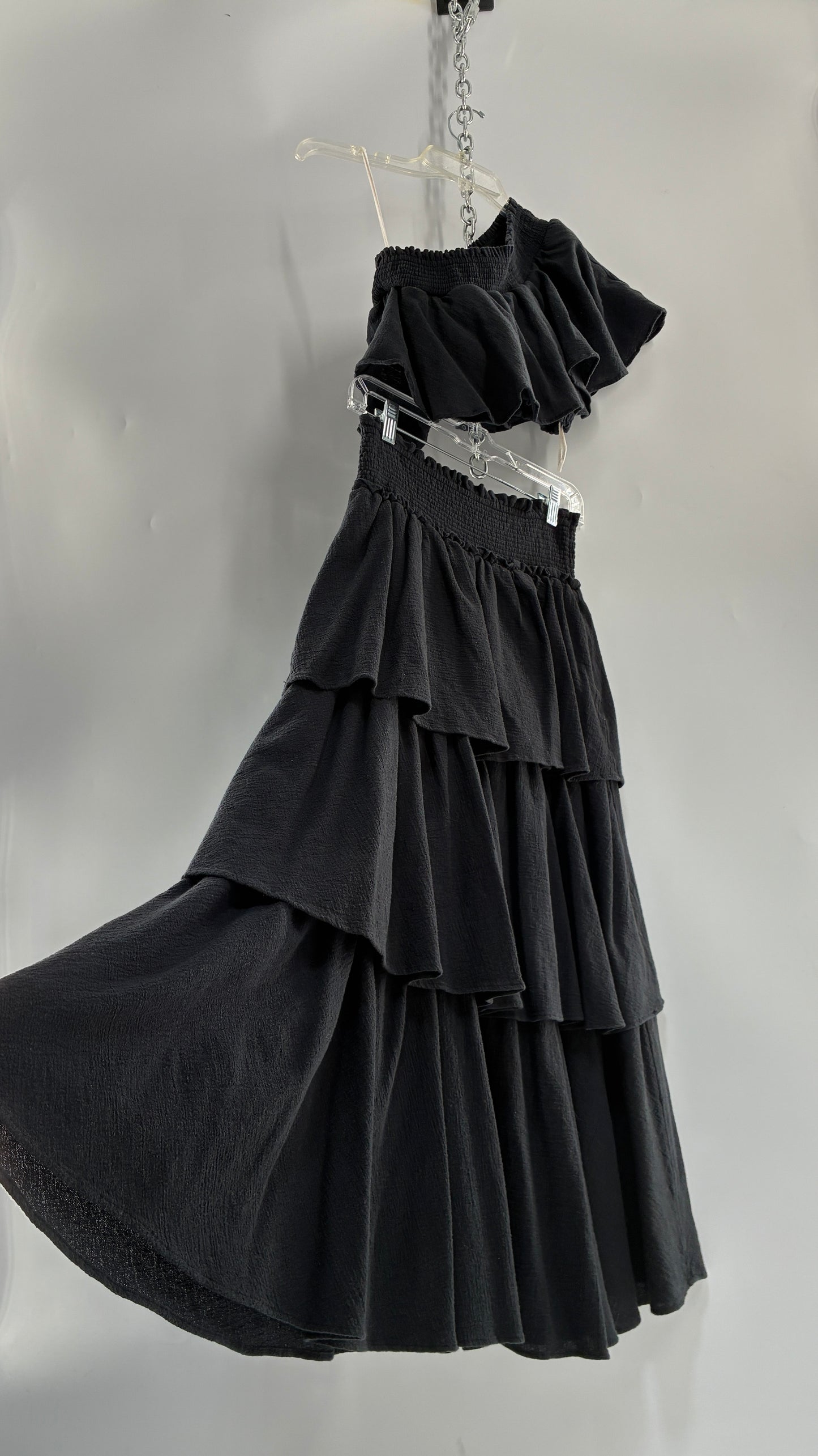 Free People Black Ruffled One Shoulder Top and Ruffled Full Length Skirt Set (XS/S)