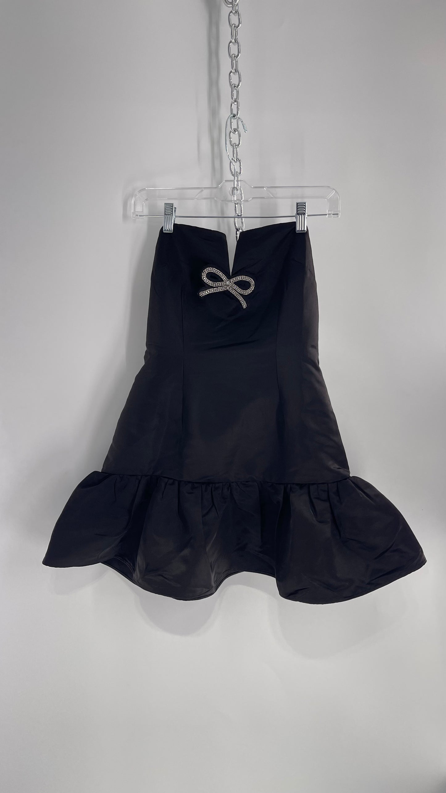 Maeve Black Mini Dress with Drop Hip Bubble Hem, Lace/Bow Appliqué and Tight Bodice (Small)