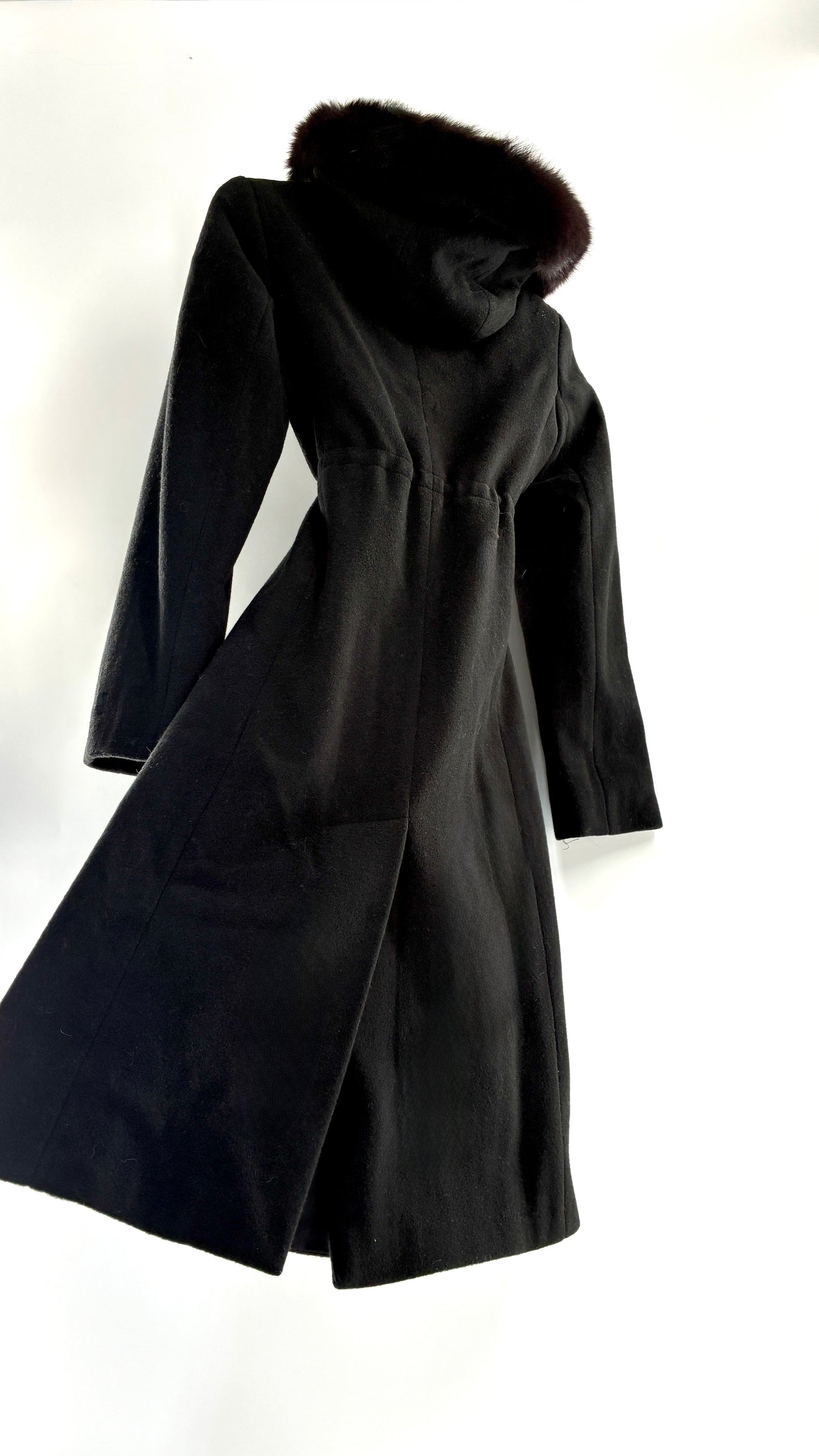 Vintage STEVE by SEARLE Cashmere Blend Coat with Underbust Tie and Fur Hood