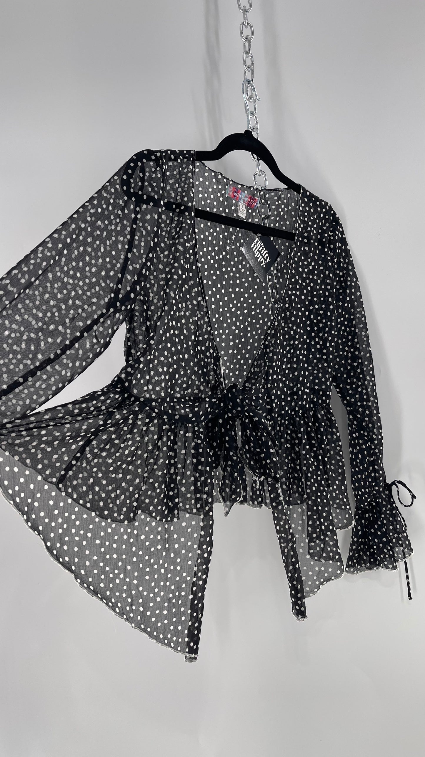 Urban Outfitters Black and White Polka Dot Tie Front Blouse with Tie Sleeve Detail (Small)