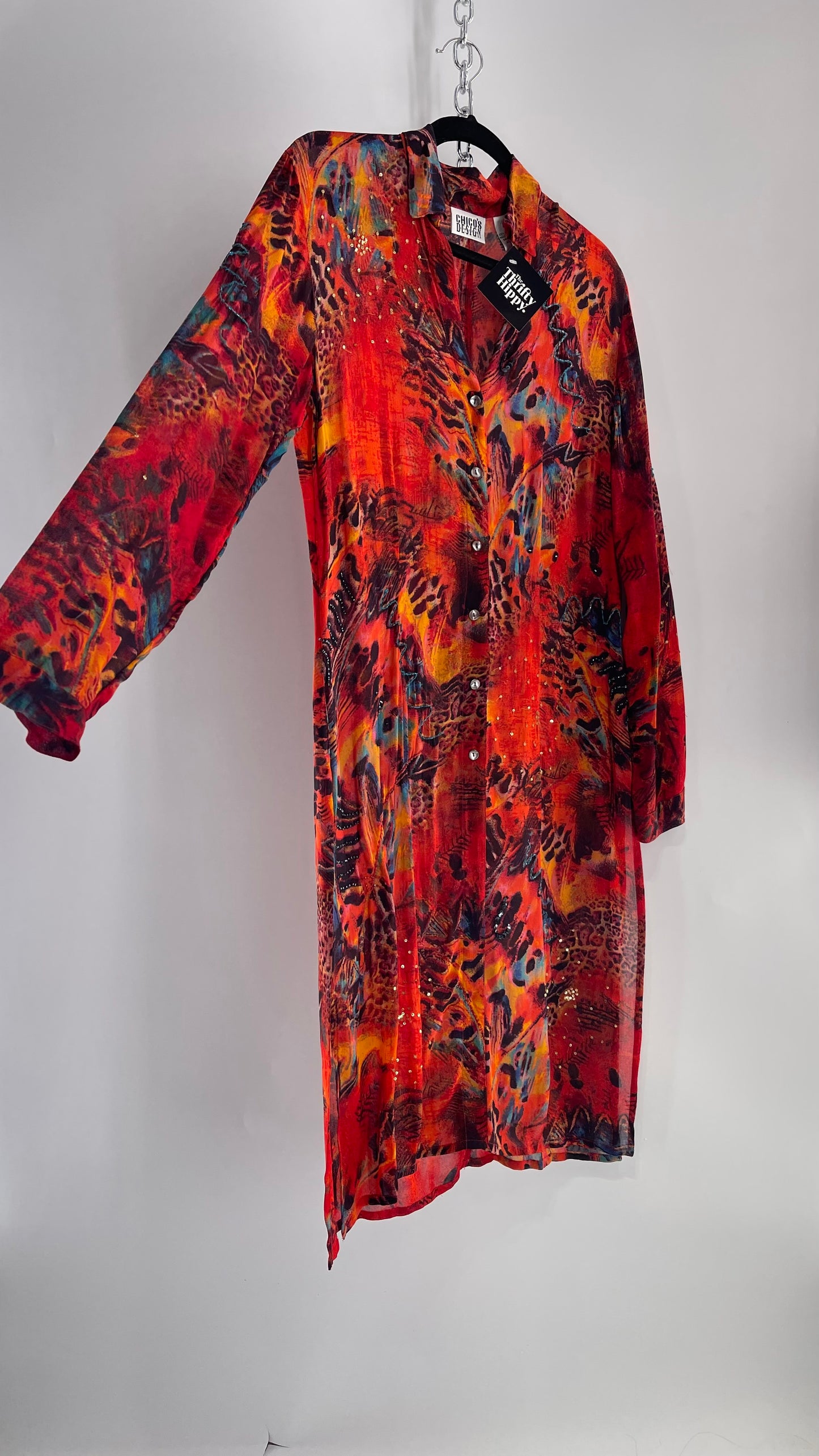 Vintage CHICOs Burnt Orange Sheer Duster Coat with Mixed Animal Print and Embroidery/Beading (XL)