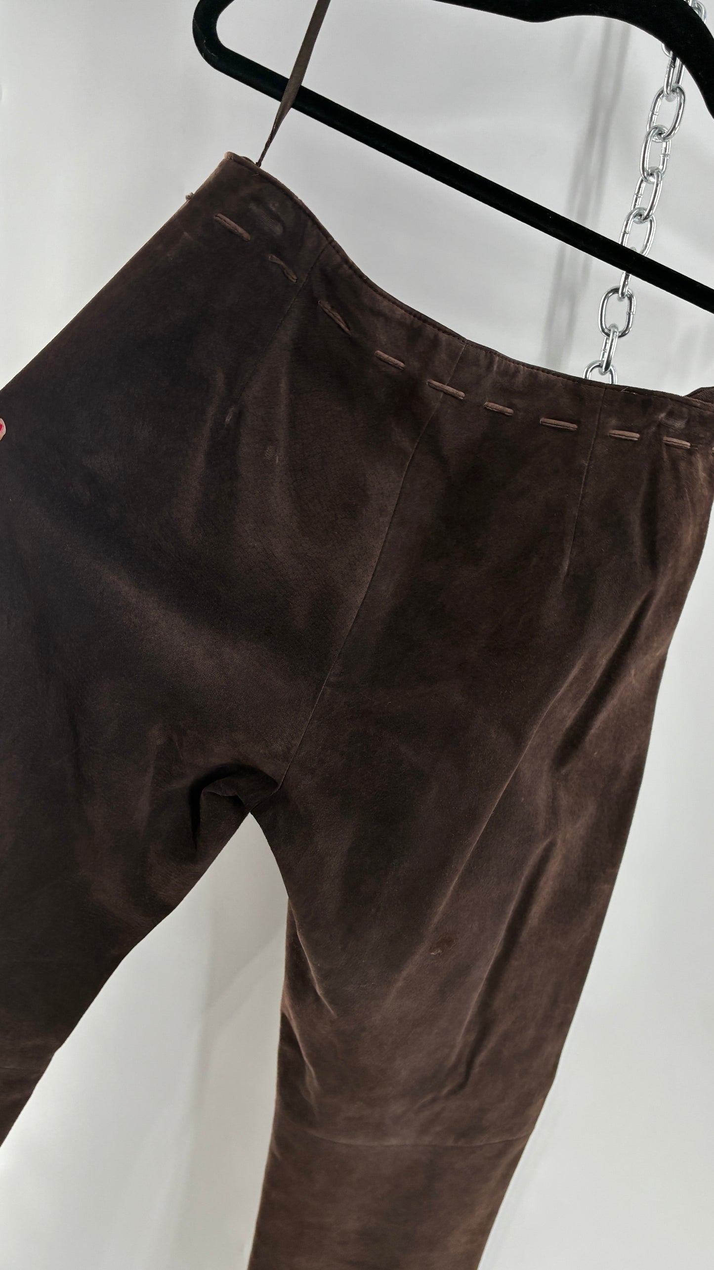 Vintage FOR JOSEPH Low Rise, Chocolate Brown Suede Pants with Leather Stitch Sides and Bow Closure (28)