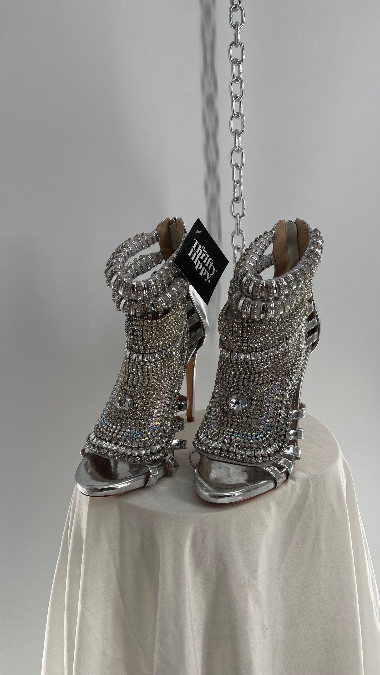 AZALEA WANG Platinum Silver Pusher Crystal Rhinestone Embellished Heel with Ankle Straps (10)