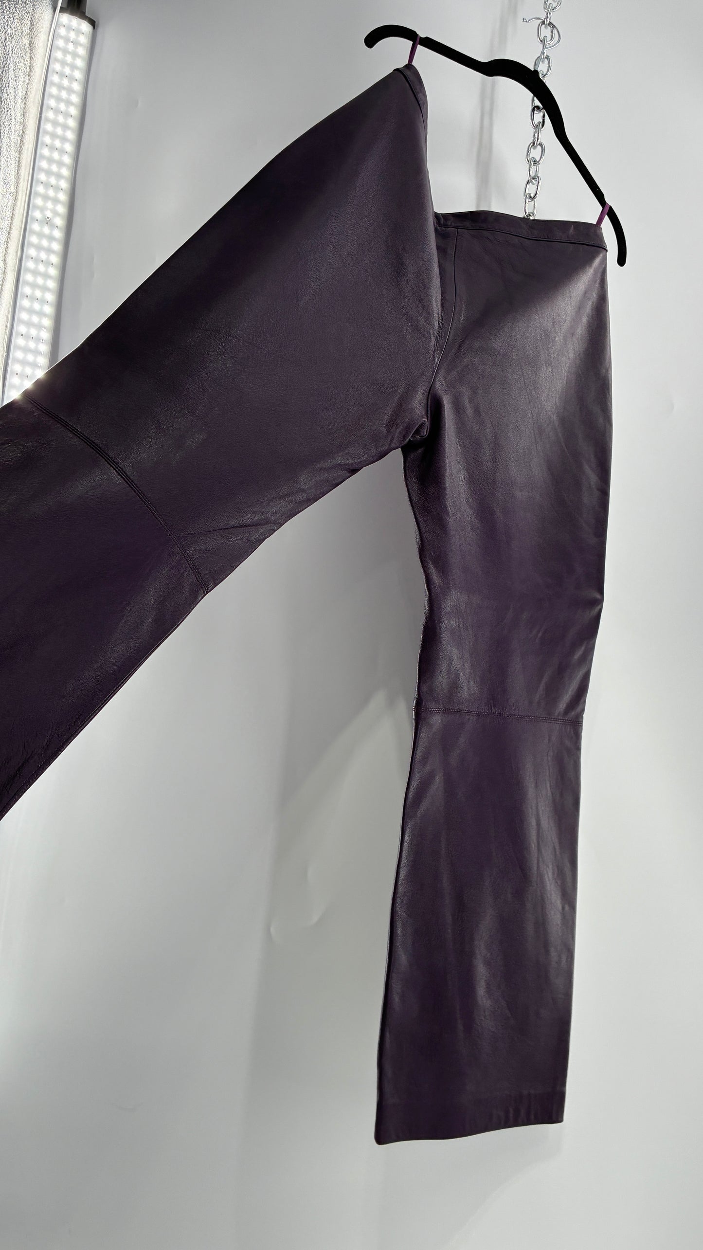 Vintage SHIN CHOI Genuine Italian Leather Purple Side Closure Low Rise Pants (12)