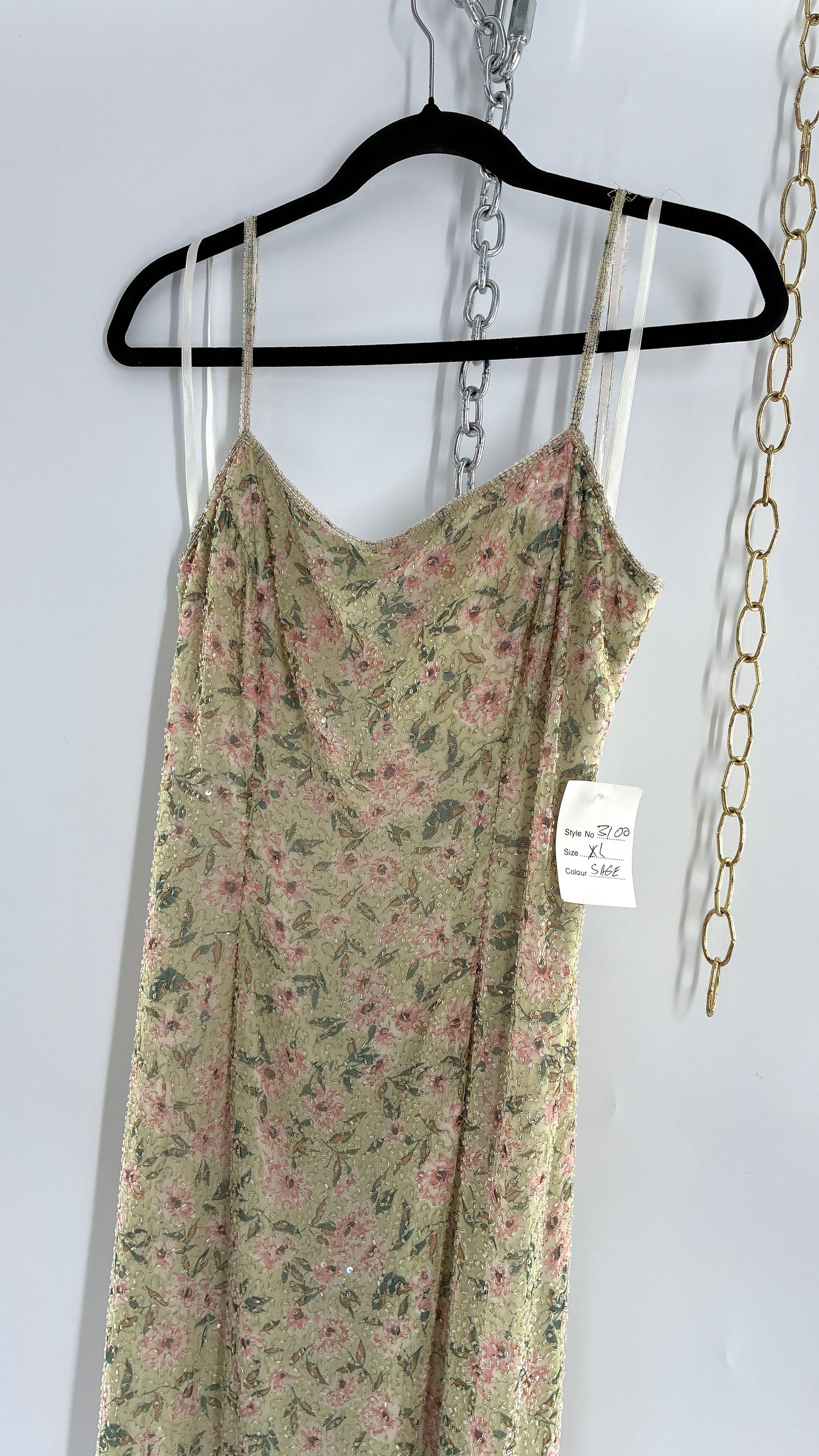 Deadstock Vintage Sage Green Beaded Floral Gown with Open Back, Built in Bust Padding, and Tags Attached (XL)
