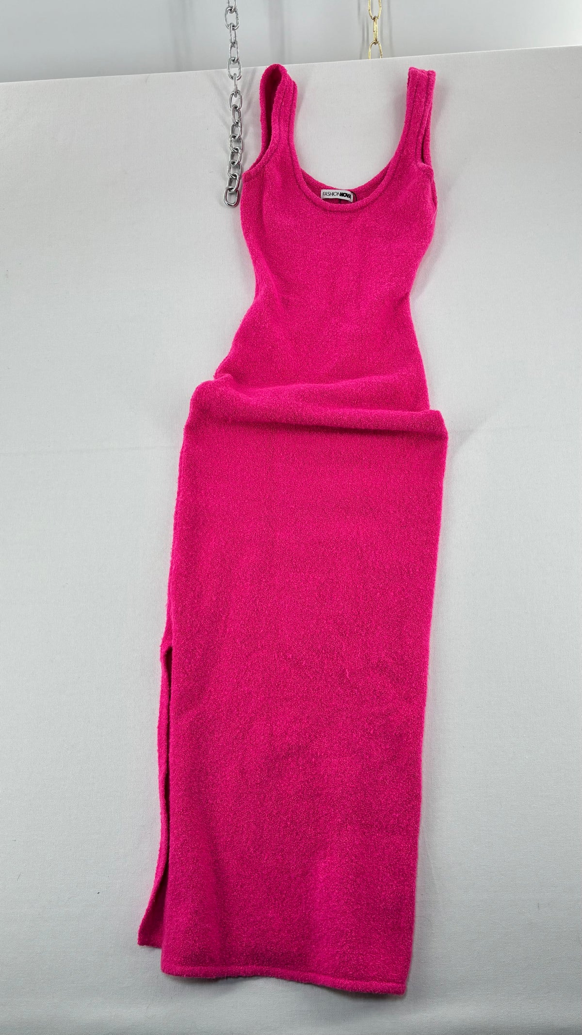 FASHION NOVA Neon Pink Terry Fitted Full Length Body Con Dress Worn (Small)