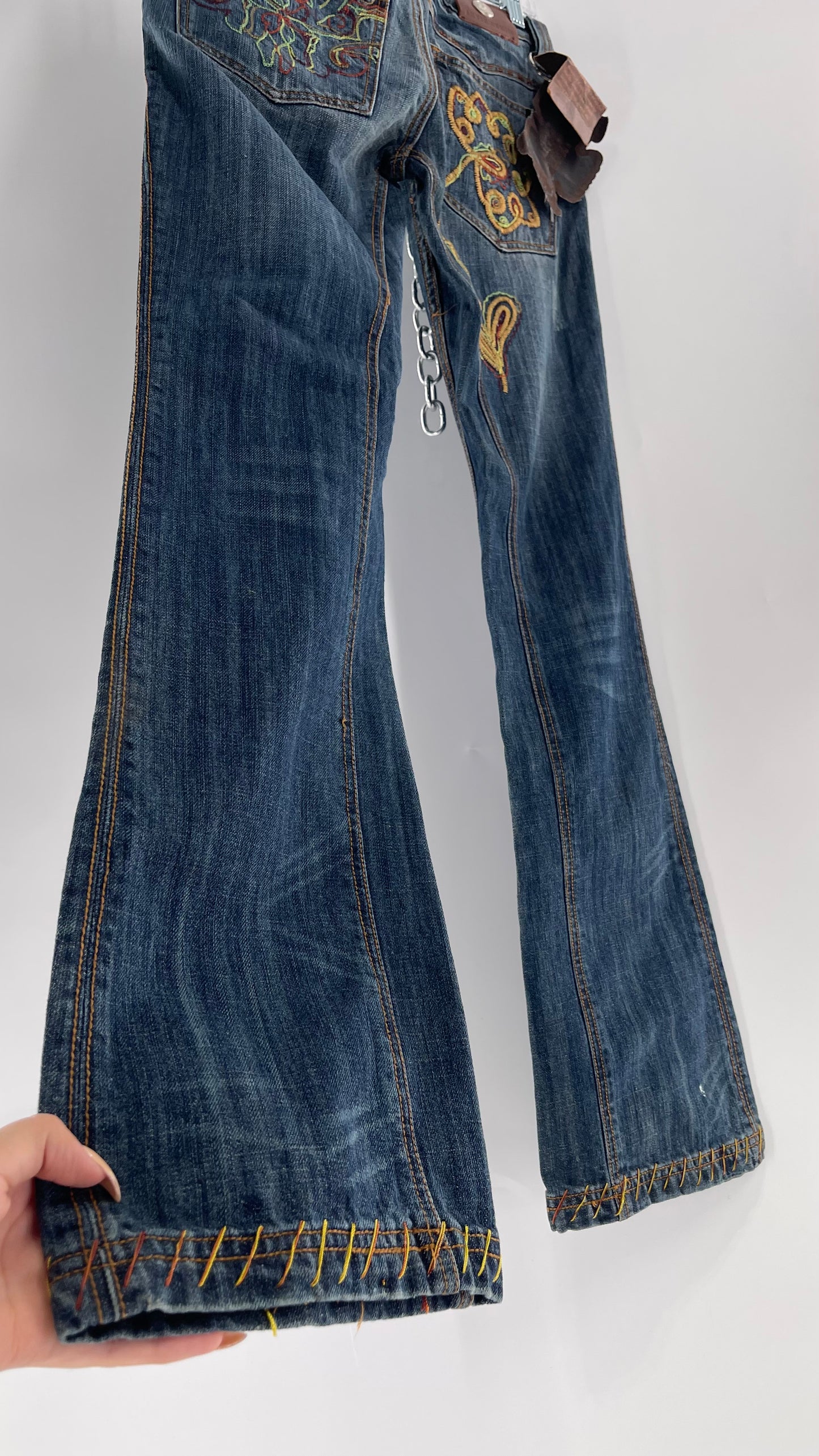 Vintage RARE Antik Denim Kick Flares with Embroidered Flower Design and Contrast Stitching (28)