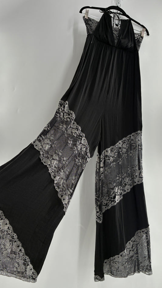 Free People Silky Black Jumpsuit with Grey Lace Paneling and Bandeau (S)
