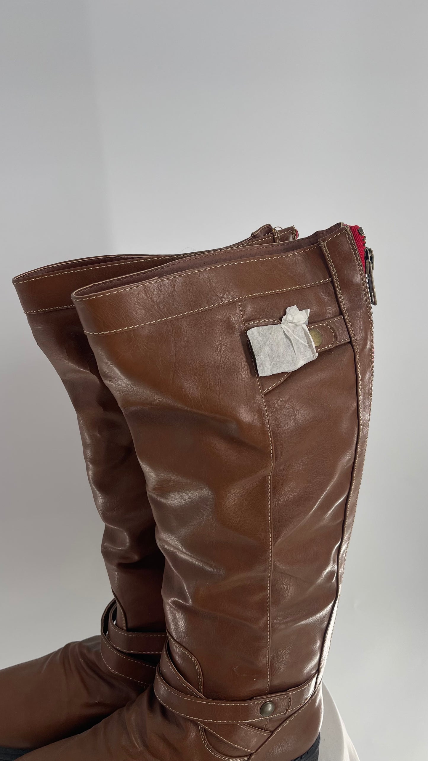 Steve Madden Brown Knee High Riding Boots with Red Zipper (10)