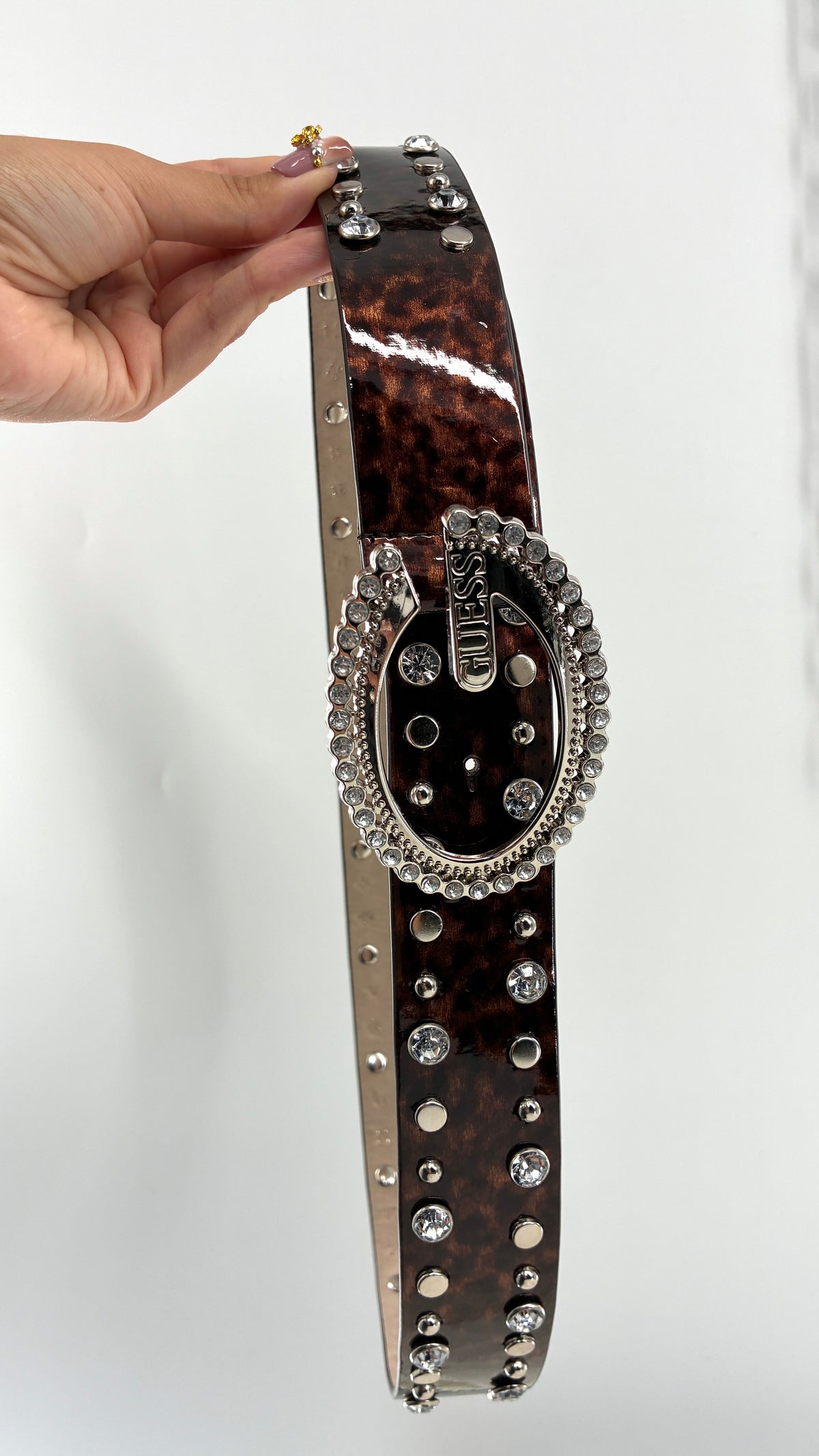 Vintage GUESS Glossy Tortoise/Cheetah Belt Covered in Studs, Crystals and Iconic Buckle (Large)