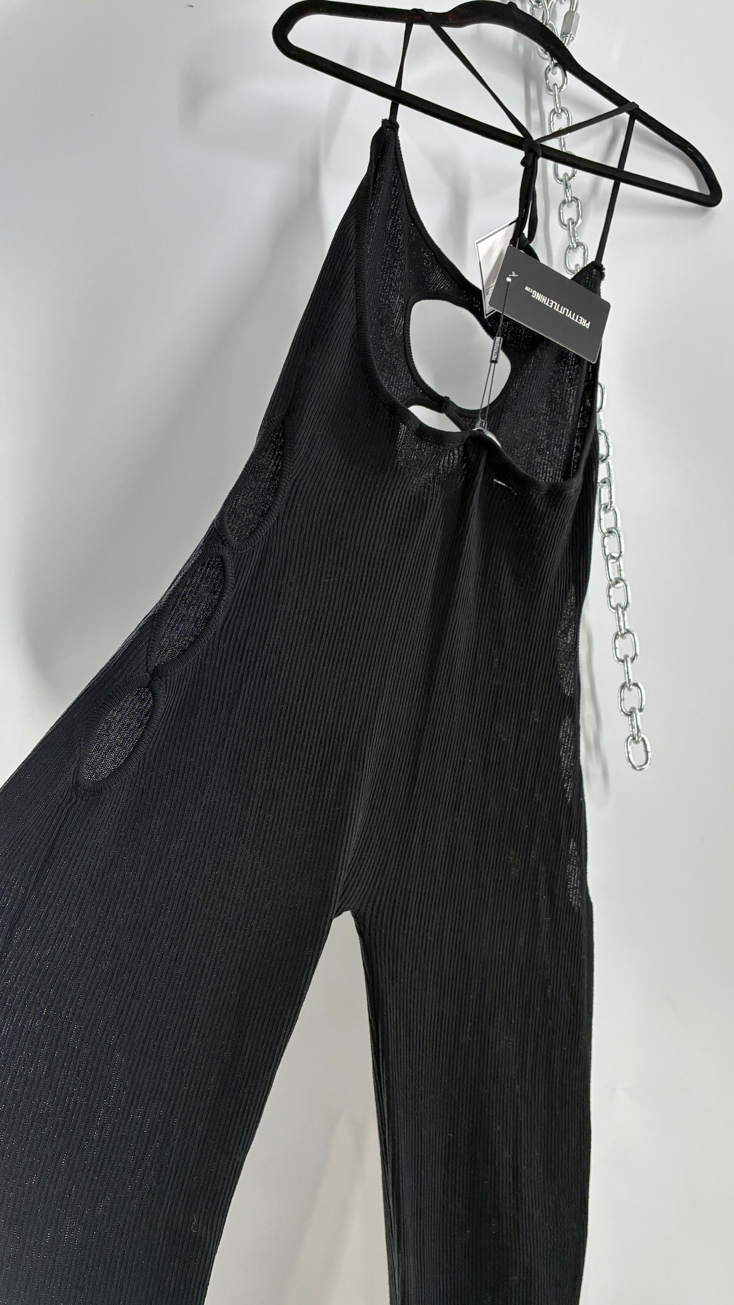 Pretty Little Thing Black Sheer Knit Cut Out Halter Neck Jumpsuit with Tags (Large)