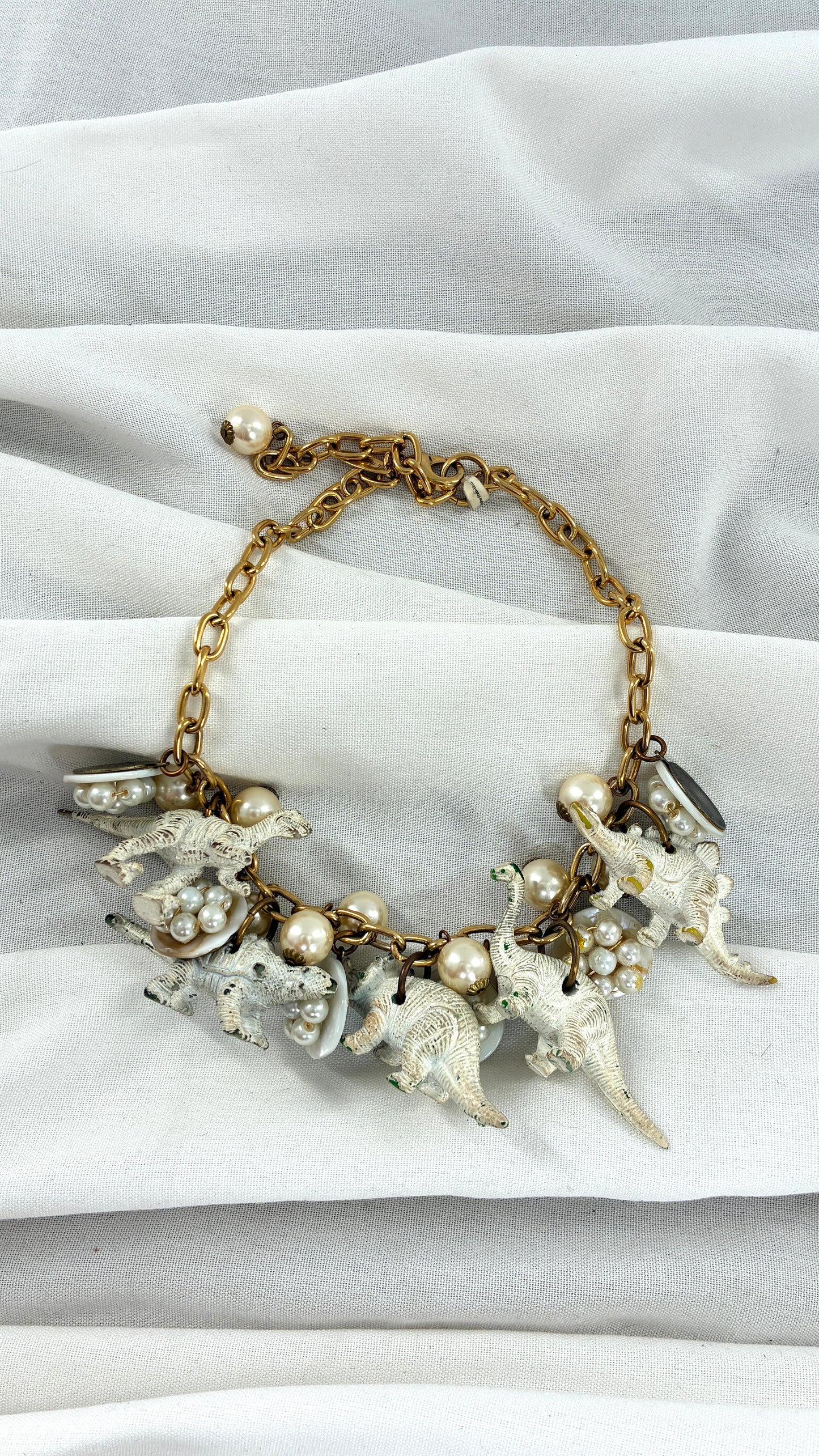 Vintage LENORA DAME Pearlescent Dinosaur Charm, Gold Chain Choker