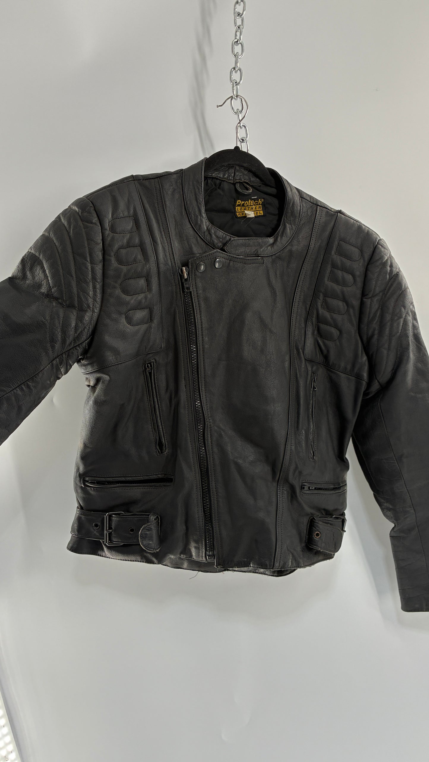Vintage PROTECH Black Leather Motorcycle Jacket (46)