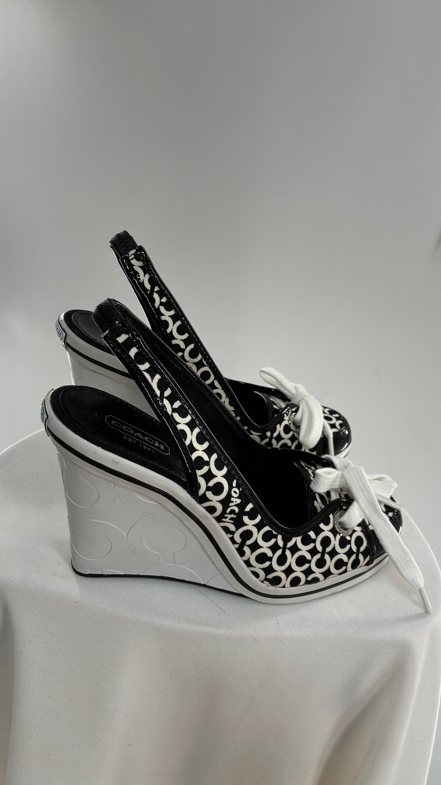 Vintage COACH Emilanna Black and White Monogram Wedge Sneaker Heel (7B)