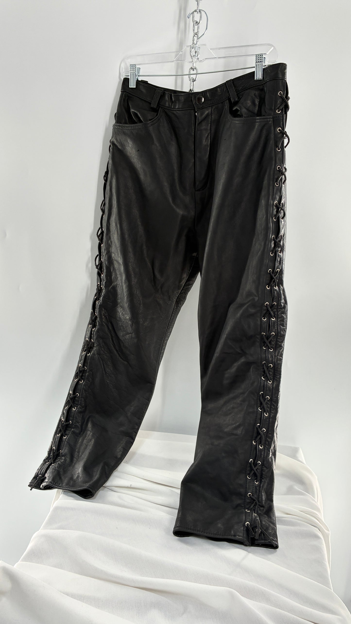 Vintage Thick Ultra Soft Black Leather Pants with Tie Up Sides (Medium)