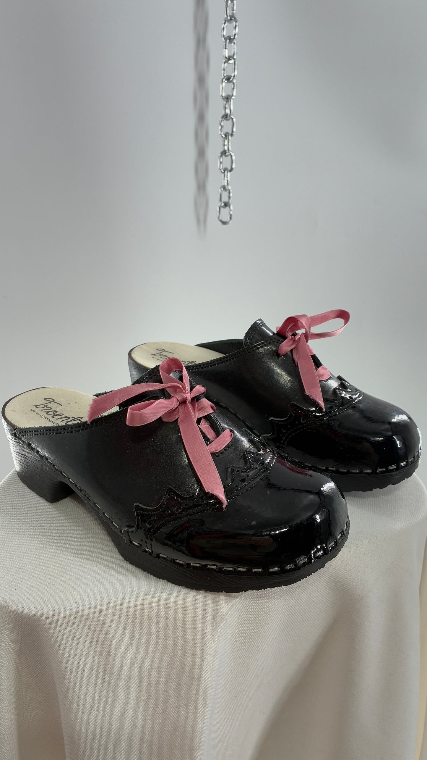 Vintage 1970s TROENTORPS Black Patent Leather Clogs with Ribbon Tie Detail (38)