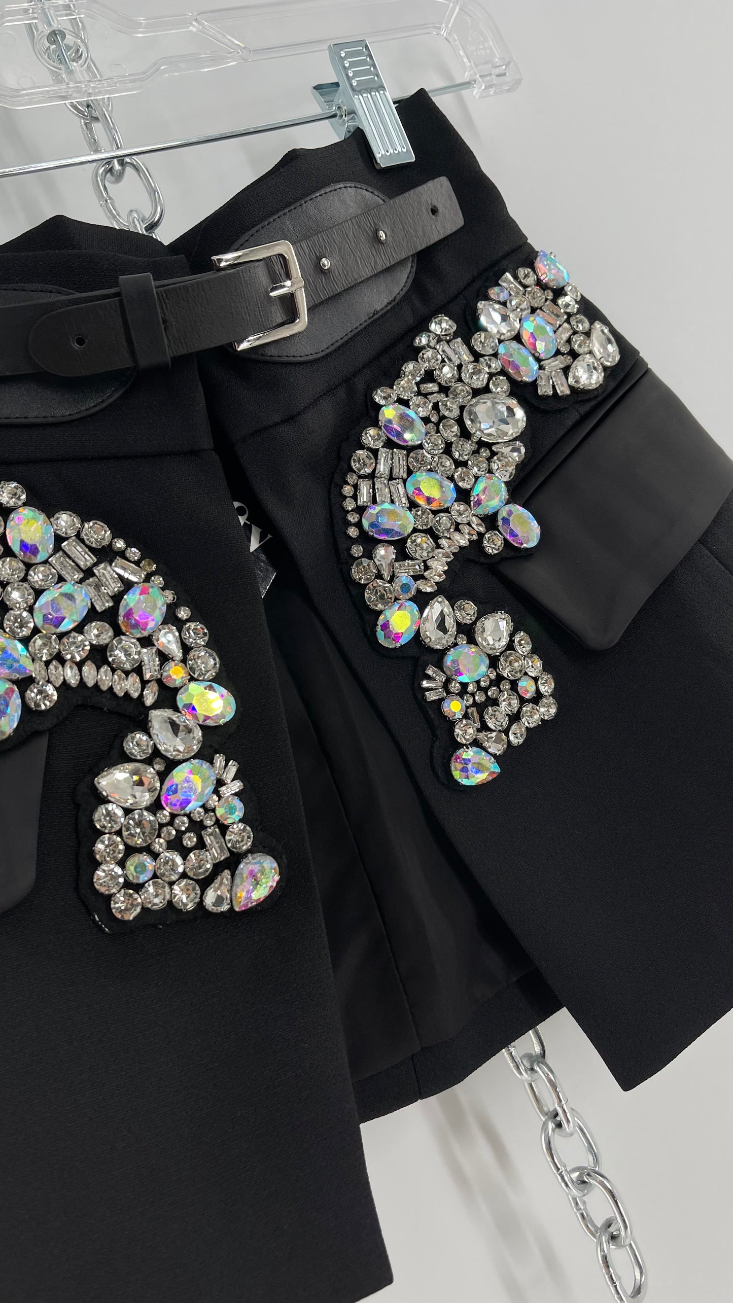 Black Skirt Belt Covered in Crystal Embellishments with Satin Flap Pockets (Medium)