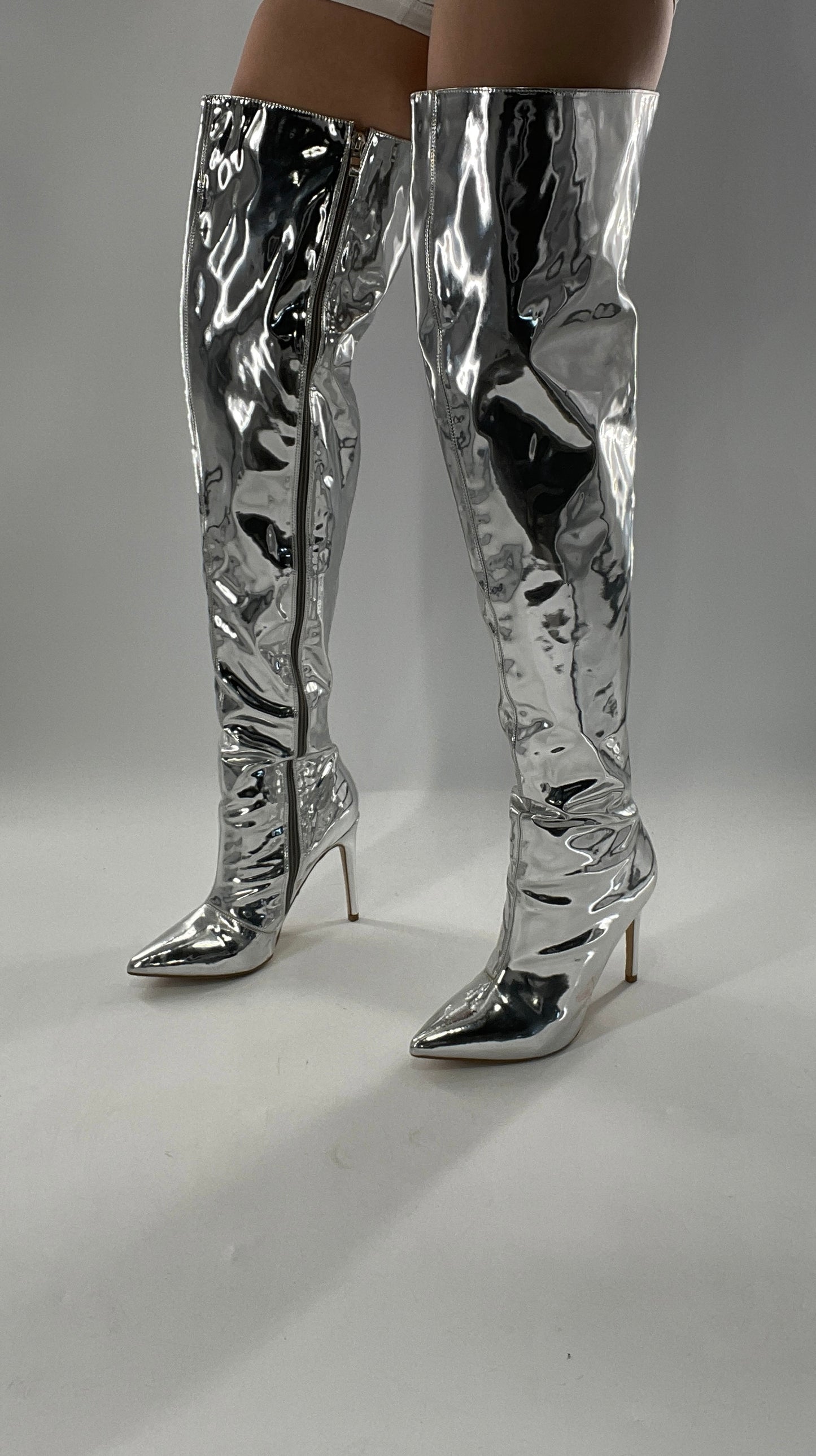 Vintage Chrome Platinum Mirrored Thigh High Molten Metal Sky High Boots Space Cadet/Concert (7)