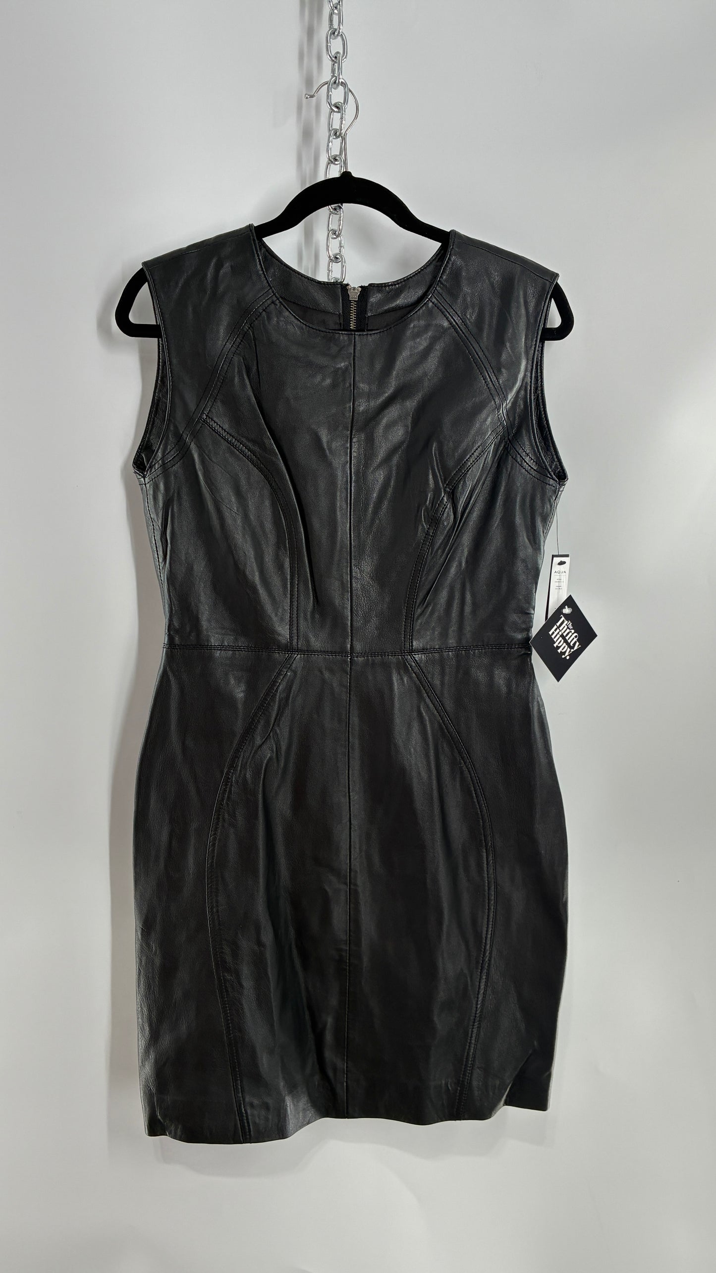 AQUA LUXE Black Leather Bodycon Paneled Dress with Tags Attached (Small)