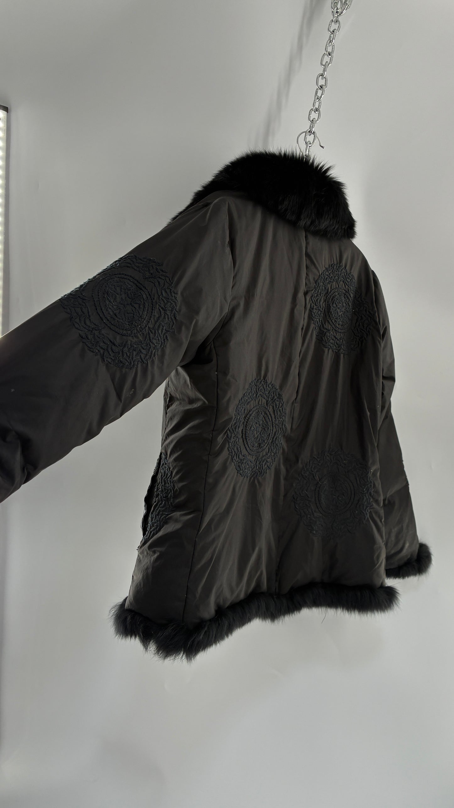 Vintage Gi & JO Black Down and Feather Puffer Jacket with Exaggerated Genuine Rabbit Fur Trim and Mandala Embroidery (Medium)